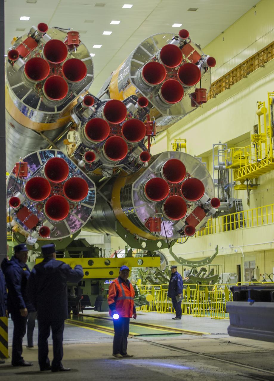 The Soyuz rocket is ready to be rolled out to the launch pad by train, on Sunday, October 21, 2012, at the Baikonur Cosmodrome in Kazakhstan. Launch of the Soyuz rocket is scheduled for October 23 and will send Expedition 33/34 Flight Engineer Kevin Ford of NASA, Soyuz Commander Oleg Novitskiy and Flight Engineer Evgeny Tarelkin of ROSCOSMOS on a five-month mission aboard the International Space Station. Photo Credit: (NASA/Bill Ingalls)