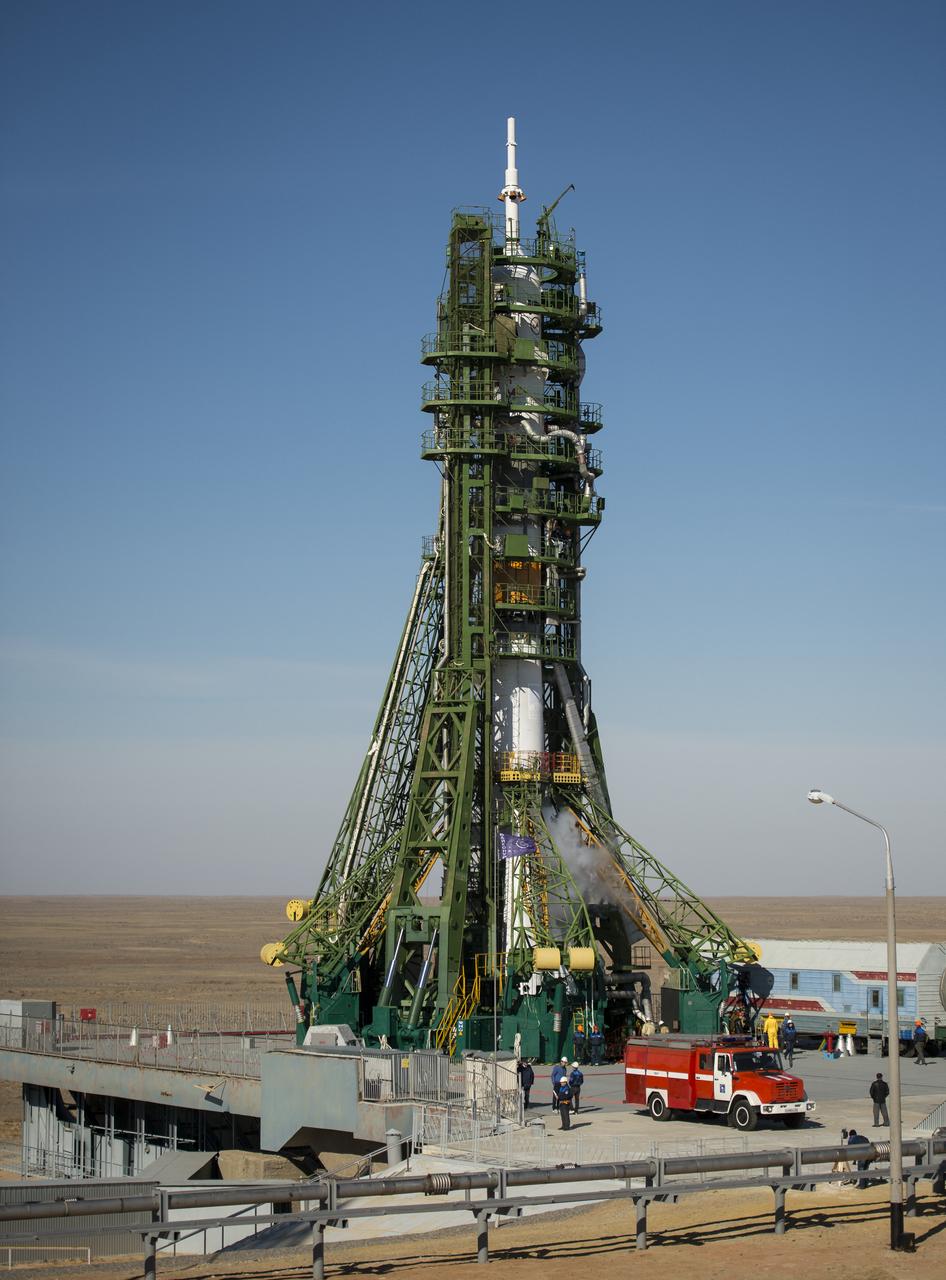 The Soyuz rocket is seen moments before Expedition 33/34 crew members, Soyuz Commander Oleg Novitskiy, Flight Engineer Kevin Ford, and Flight Engineer Evgeny Tarelkin arrive at the launch pad for their launch to the International Space Station on Tuesday, October 23, 2012, in Baikonur, Kazakhstan. Ford, Novitskiy and Tarelkin will be on a five-month mission aboard the International Space Station. Photo Credit: (NASA/Bill Ingalls)