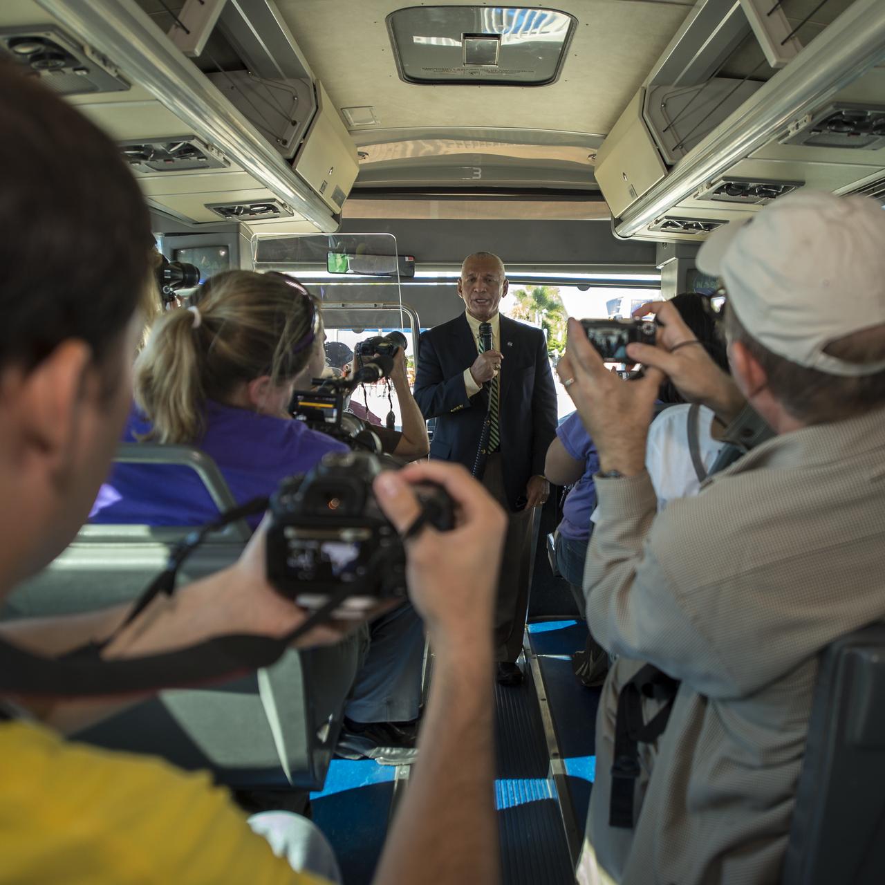 NASA Administrator Charles Bolden speaks with NASA Social attendees during the move of space shuttle Atlantis, Friday, Nov. 2, 2012, at Kennedy Space Center in Cape Canaveral, Fla. The spacecraft traveled 125,935,769 miles during 33 spaceflights, including 12 missions to the International Space Station. Its final flight, STS-135, closed out the Space Shuttle Program era with a landing on July 21, 2011. Photo Credit: (NASA/Bill Ingalls)