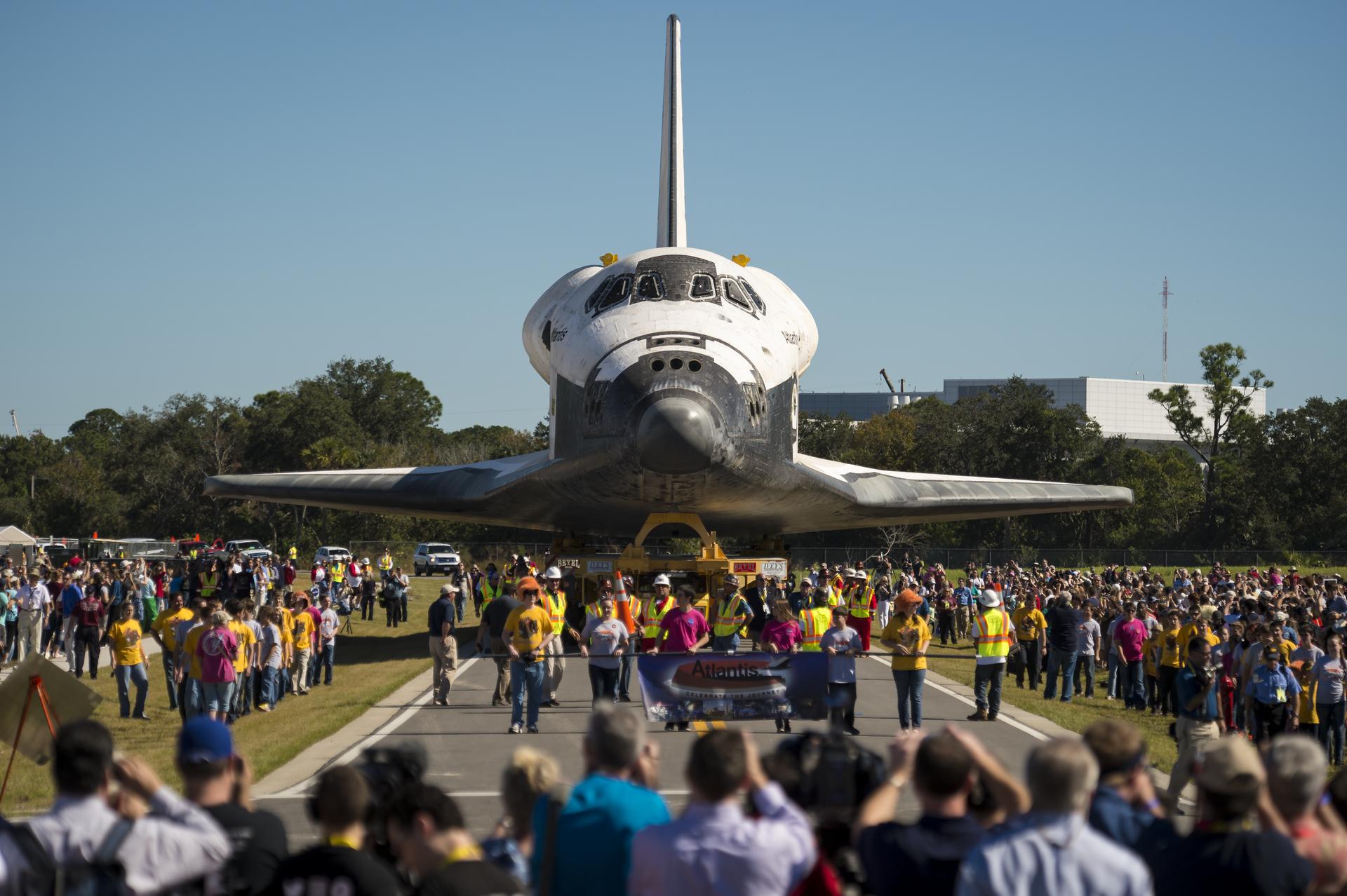 Space shuttle Atlantis is seen during its trip to its new home at the Kennedy Space Center Visitor Complex.