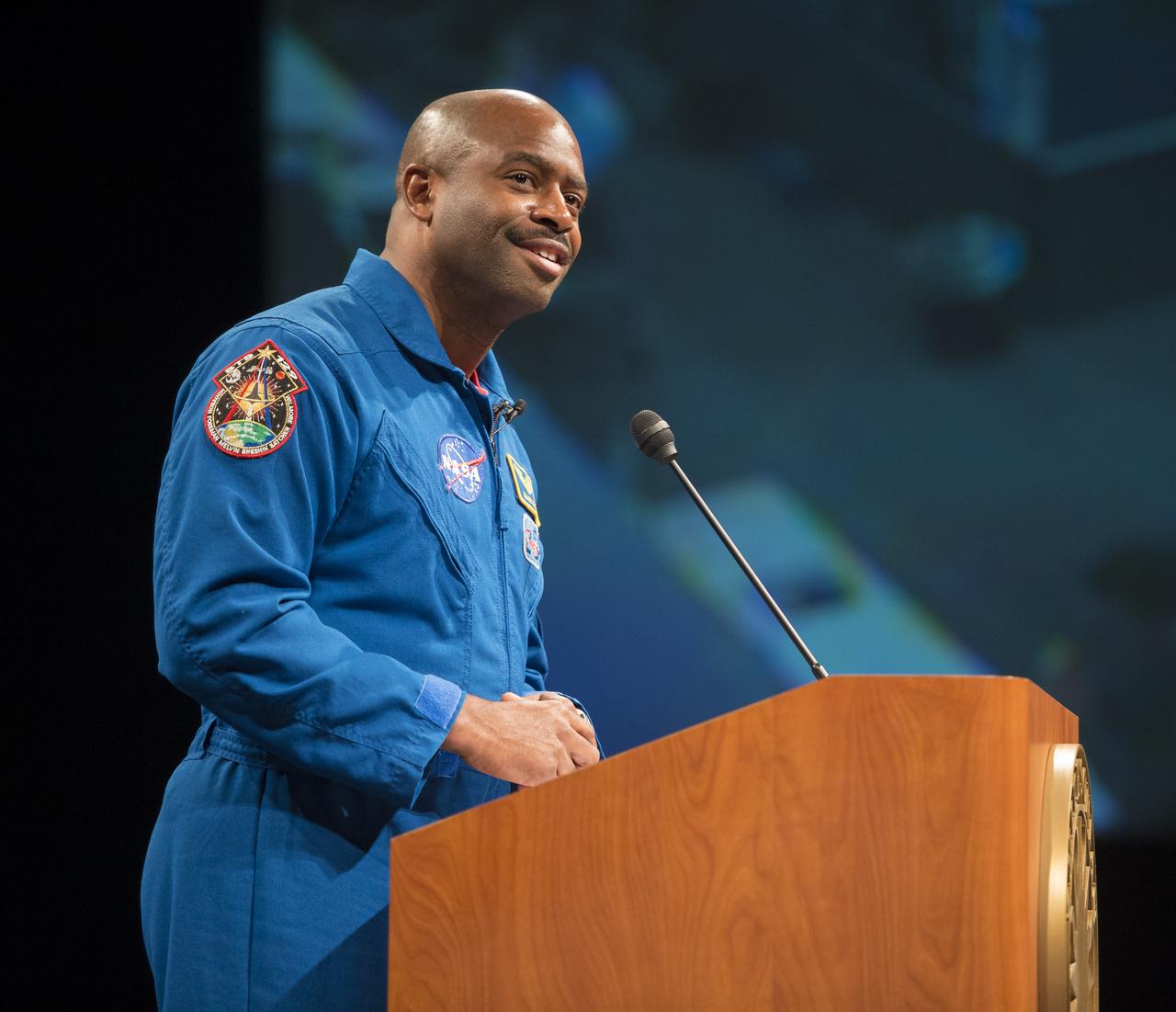Leland Melvin, NASA Associate Administrator for Education and two-time space shuttle astronaut, speaks to students from D.C.'s Stuart-Hobson Middle School at the Smithsonian National Air and Space Museum, Thursday, Nov. 15, 2012 in Washington.  The students, participants from the Student Spaceflight Experiments Program (SSEP) conducted a live conversation with astronauts aboard the International Space Station.  The downlink is an annual event held in honor of International Education Week, and was co-hosted with the Department of Education and the National Center for Earth and Space Science Education (NCESSE).  Photo Credit:  (NASA/Carla Cioffi)