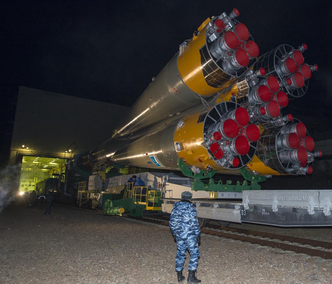 The Soyuz rocket is rolled out to the launch pad by train on Monday, December 17, 2012, at the Baikonur Cosmodrome in Kazakhstan.  Launch of the Soyuz rocket is scheduled for December 19 and will send Expedition 34/35 Flight Engineer Tom Marshburn of NASA, Soyuz Commander Roman Romanenko and Expedition 35 Commander Chris Hadfield of the Canadian Space Agency (CSA) on a five-month mission aboard the International Space Station.  Photo Credit: (NASA/Carla Cioffi)