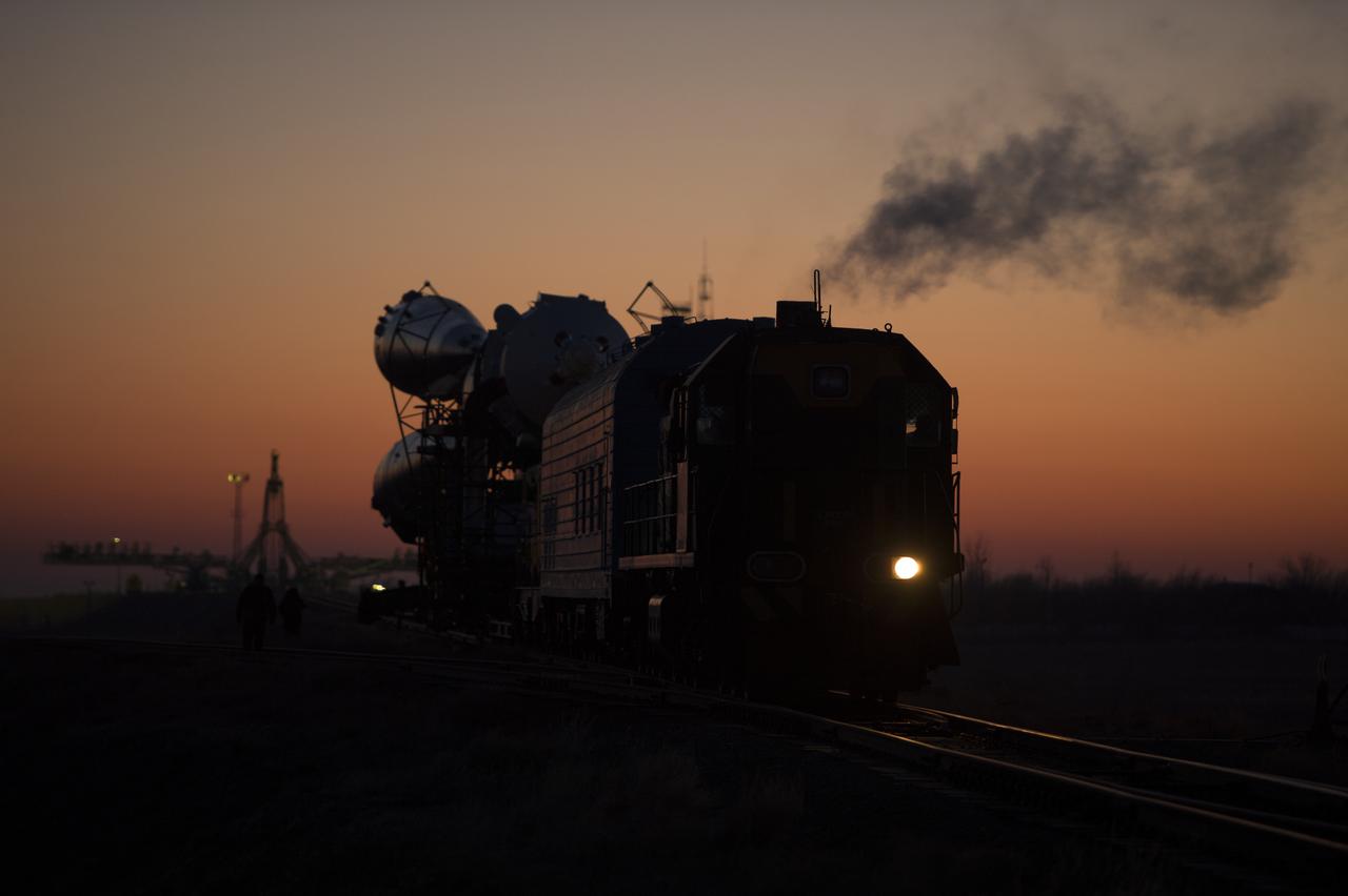 The Soyuz rocket is rolled out to the launch pad by train on Monday, December 17, 2012, at the Baikonur Cosmodrome in Kazakhstan.  Launch of the Soyuz rocket is scheduled for December 19 and will send Expedition 34/35 Flight Engineer Tom Marshburn of NASA, Soyuz Commander Roman Romanenko and Expedition 35 Commander Chris Hadfield of the Canadian Space Agency (CSA) on a five-month mission aboard the International Space Station.  Photo Credit: (NASA/Carla Cioffi)