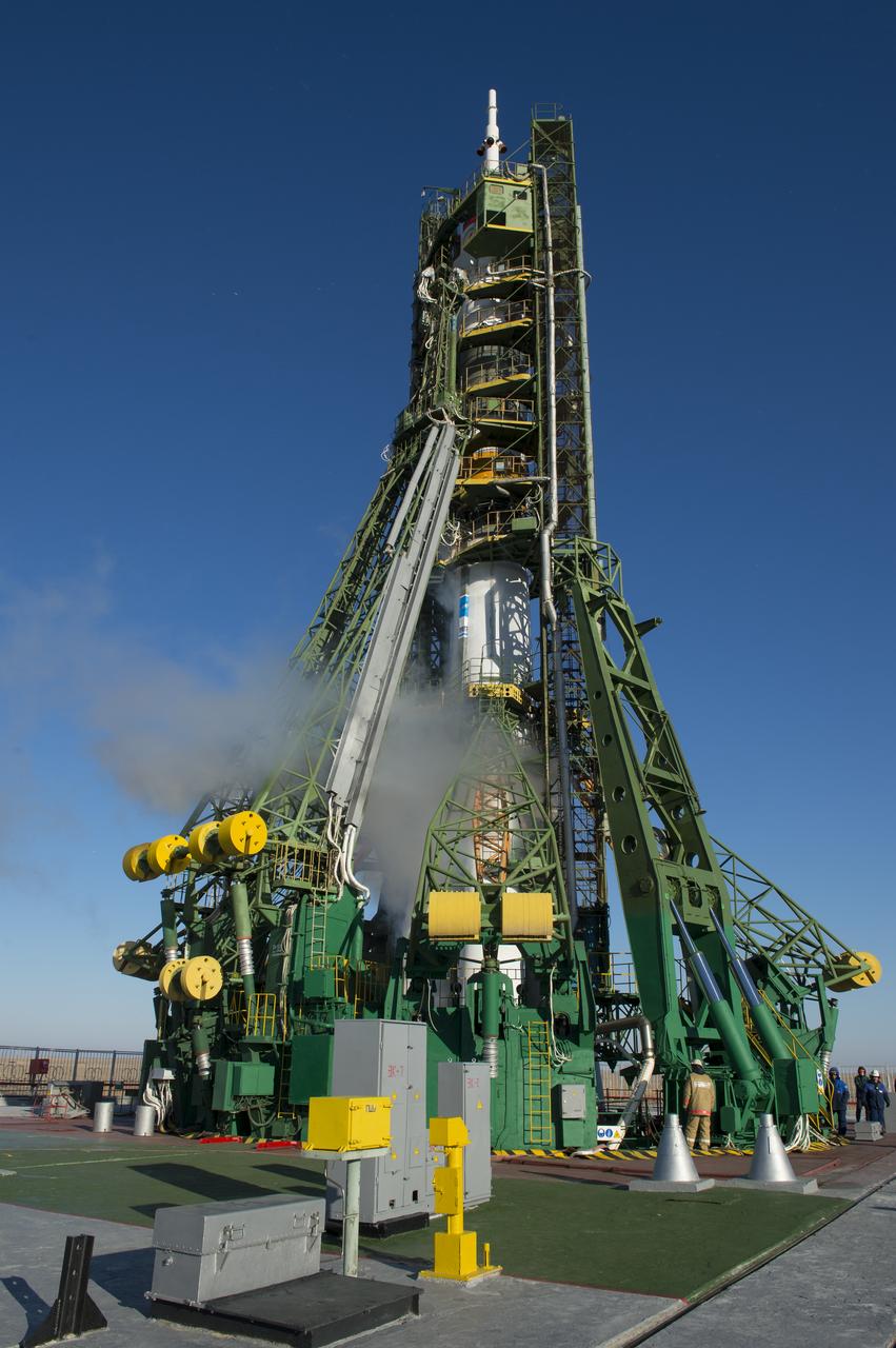 The Soyuz TMA-07M spacecraft is on the launch pad at the Baikonur Cosmodrome in Kazakhstan, Wednesday, Dec. 19, 2012 just hours before its launch to send the crew of Expedition  34 NASA Flight Engineer Tom Marshburn, Soyuz Commander Roman Romanenko and Canadian Space Agency Flight Engineer Chris Hadfield to the International Space Station.  Photo Credit:  (NASA/Carla Cioffi)