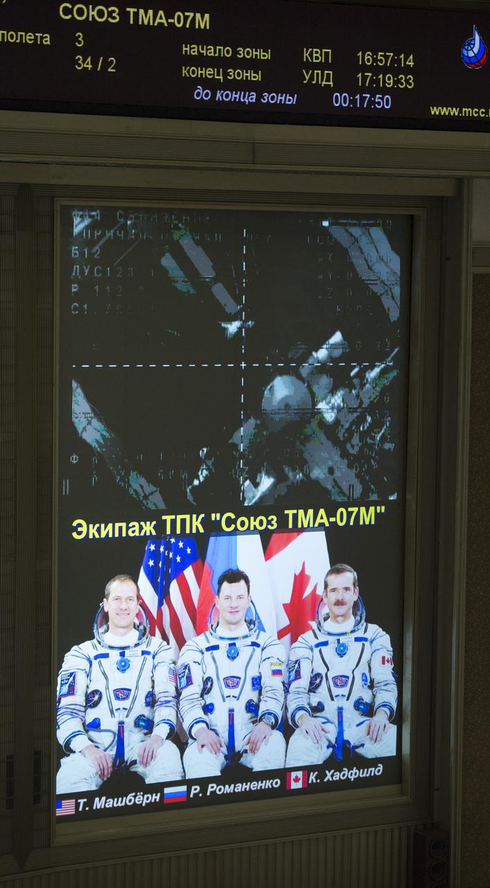 A view of the International Space Station is seen from the Soyuz TMA-07M on the screen of the Russian Mission Control Center in Korolev, Russia as the spacecraft docks to the Poisk module, Friday, Dec. 19, 2012. The Soyuz TMA-07M with Expedition 34/35 crew members, NASA astronaut Tom Marshburn, Russian cosmonaut Roman Romanenko and Canadian astronaut Chris Hadfield launched from the Baikonur Cosmodrome in Kazakhstan two days earlier. The Soyuz crew members will be greeted by Expedition 34 Commander Kevin Ford of NASA and Russian Flight Engineers Oleg Novitskiy and Yevgeny Tarelkin, who have lived in the orbital laboratory since October. Photo Credit: (NASA/Carla Cioffi)