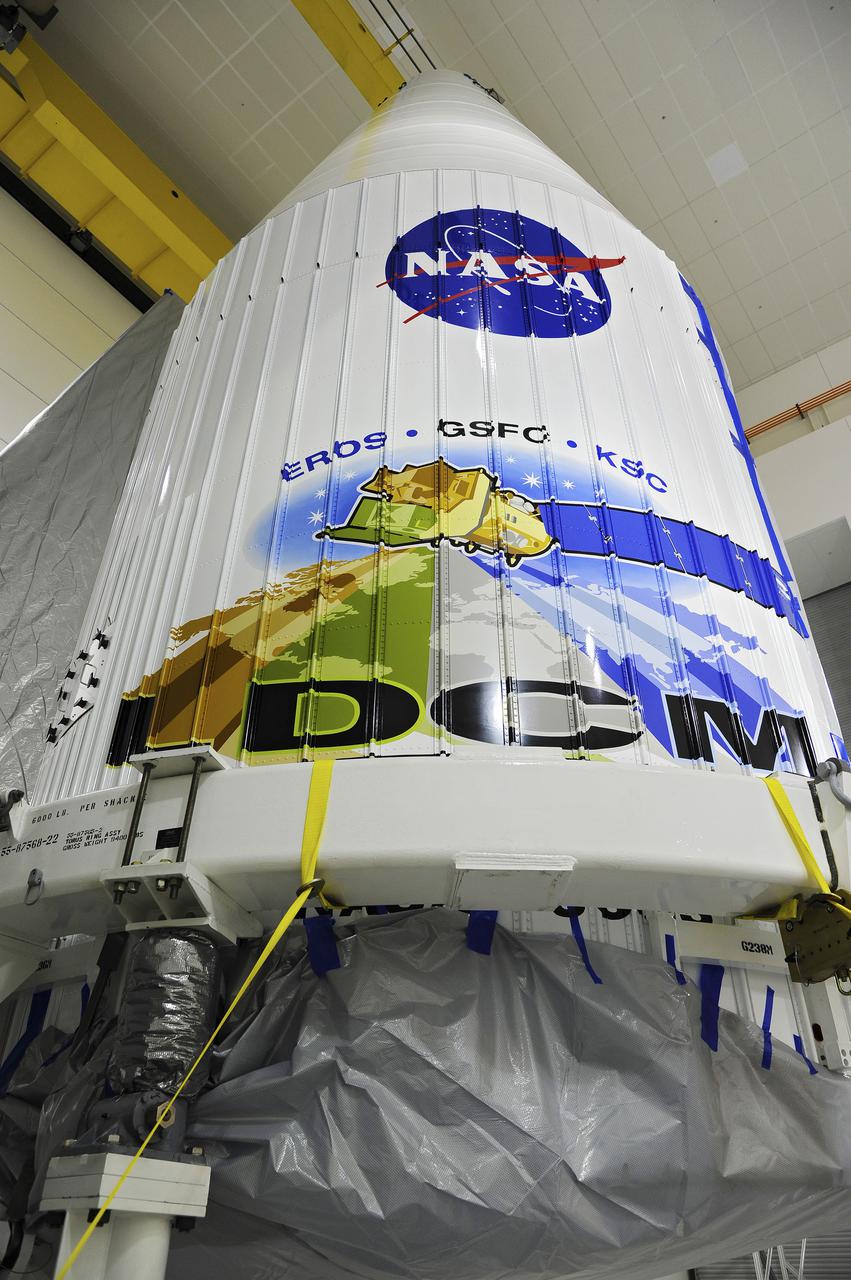 VANDENBERG AFB, Calif. -- At the Astrotech processing facility at Vandenberg Air Force Base, Calif., the payload fairing arrives for the NASA's Landsat Data Continuity Mission.   The Landsat Data Continuity Mission LDCM is the future of Landsat satellites. It will continue to obtain valuable data and imagery to be used in agriculture, education, business, science, and government. The Landsat Program provides repetitive acquisition of high resolution multispectral data of the Earth's surface on a global basis. The data from the Landsat spacecraft constitute the longest record of the Earth's continental surfaces as seen from space. It is a record unmatched in quality, detail, coverage, and value. Liftoff is planned for Feb. 11, 2013 aboard a United Launch Alliance Atlas V rocket. For more information, visit: http:__www.nasa.gov_mission_pages_landsat_main_index.html Photo credit: NASA