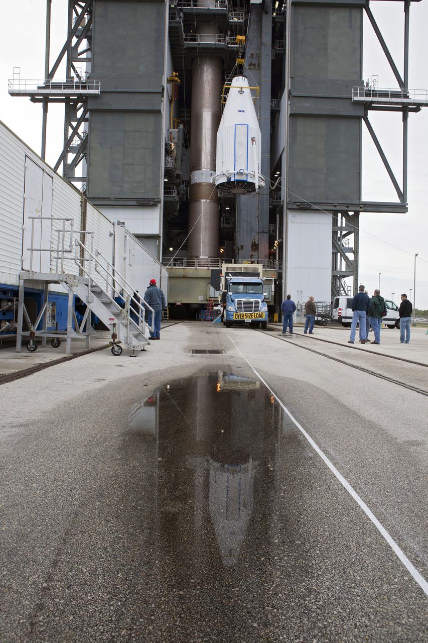 CAPE CANAVERAL, Fla. –- Enclosed in its payload fairing, NASA's Tracking and Data Relay Satellite, TDRS-K, is being lifted for placement atop a United Launch Alliance Atlas V rocket at Cape Canaveral Air Force Station's Space Launch Complex 41. Liftoff for the TDRS-K is planned for January 30, 2013. The TDRS-K spacecraft is part of the next-generation series in the Tracking and Data Relay Satellite System, a constellation of space-based communication satellites providing tracking, telemetry, command and high-bandwidth data return services. For more information, visit http:__www.nasa.gov_mission_pages_tdrs_index.html Photo credit: NASA_ Glenn Bension