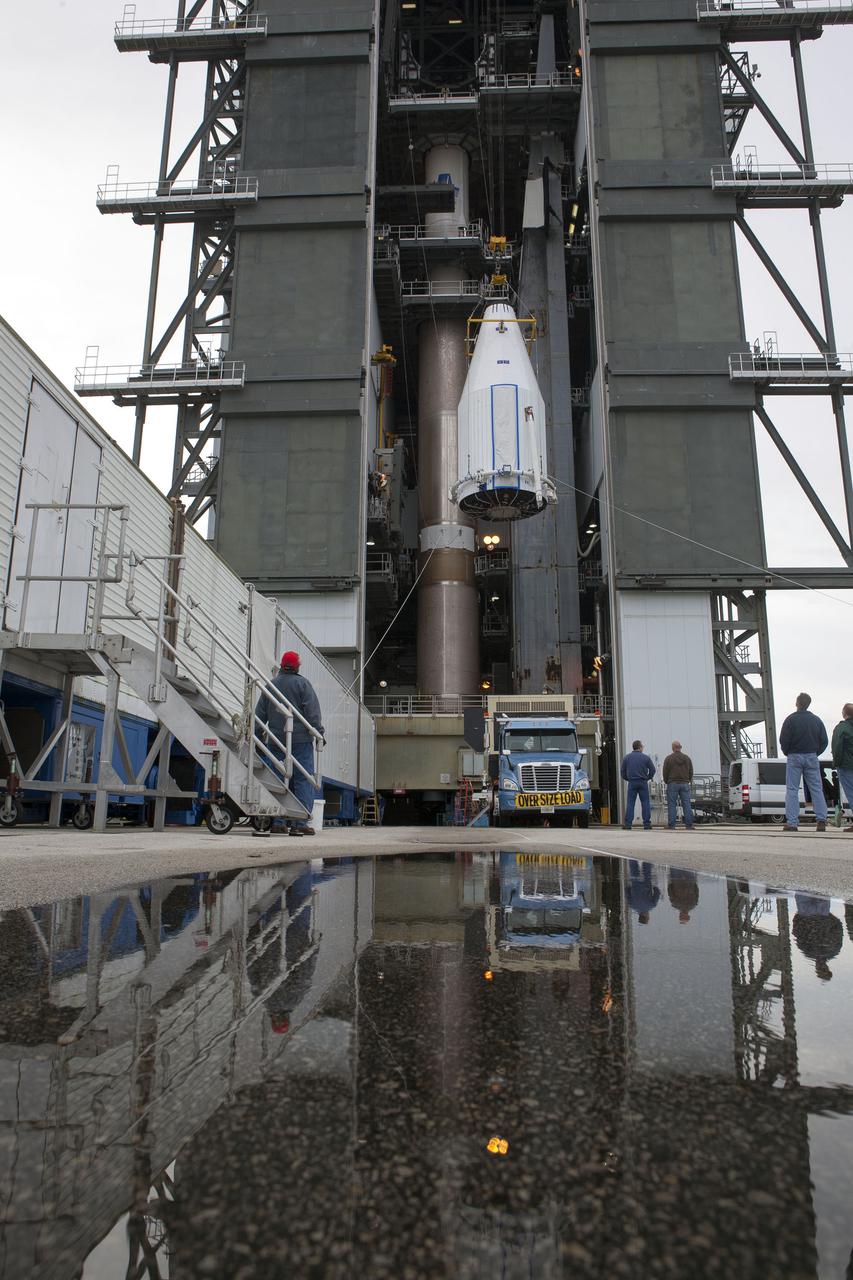 CAPE CANAVERAL, Fla. –- Enclosed in its payload fairing, NASA's Tracking and Data Relay Satellite, TDRS-K, is being lifted for placement atop a United Launch Alliance Atlas V rocket at Cape Canaveral Air Force Station's Space Launch Complex 41. Liftoff for the TDRS-K is planned for January 30, 2013. The TDRS-K spacecraft is part of the next-generation series in the Tracking and Data Relay Satellite System, a constellation of space-based communication satellites providing tracking, telemetry, command and high-bandwidth data return services. For more information, visit http:__www.nasa.gov_mission_pages_tdrs_index.html Photo credit: NASA_ Glenn Bension