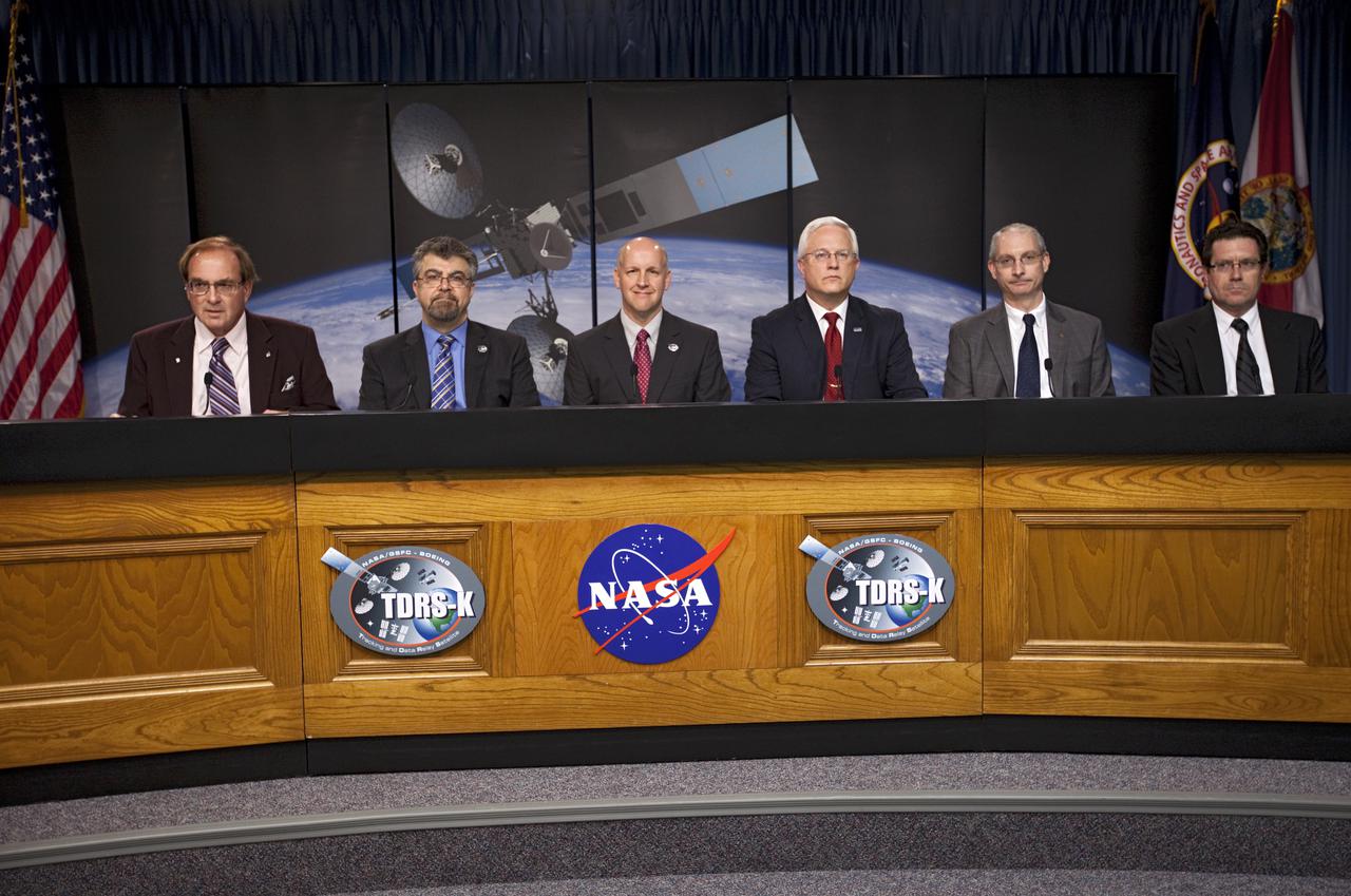 CAPE CANAVERAL, Fla. –- At a news conference, NASA and United Launch Alliance officials discussed preparations for the planned launch of NASA's Tracking and Data Relay Satellite, TDRS-K, atop an Atlas V rocket. Participating in the briefing, from the left are, George Diller, NASA Public Affairs, Badri Younes, deputy associate administrator, Space Communications and Navigation SCaN, NASA Human Exploration and Operations Mission Directorate in Washington Tim Dunn, NASA launch director at the Kennedy Space Center Vernon Thorp, program manager, NASA Missions for United Launch Alliance in Denver, Colo. Jeffrey Gramling, NASA TDRS-K project manager, Goddard Space Flight Center in Greenbelt, Md. and Joel Tumbiolo, launch weather officer, 45th Weather Squadron at Cape Canaveral Air Force Station, Fla. Liftoff for the TDRS-K is planned for Jan. 30, 2013. The TDRS-K spacecraft is part of the next-generation series in the Tracking and Data Relay Satellite System, a constellation of space-based communication satellites providing tracking, telemetry, command and high-bandwidth data return services. For more information, visit http:__www.nasa.gov_mission_pages_tdrs_index.html Photo credit: NASA_Kim Shiflett