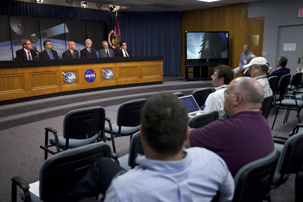 CAPE CANAVERAL, Fla. –- At a news conference, NASA and United Launch Alliance officials discussed preparations for the planned launch of NASA's Tracking and Data Relay Satellite, TDRS-K, atop an Atlas V rocket. Participating in the briefing, from the left are, George Diller, NASA Public Affairs, Badri Younes, deputy associate administrator, Space Communications and Navigation SCaN, NASA Human Exploration and Operations Mission Directorate in Washington Tim Dunn, NASA launch director at the Kennedy Space Center Vernon Thorp, program manager, NASA Missions for United Launch Alliance in Denver, Colo. Jeffrey Gramling, NASA TDRS-K project manager, Goddard Space Flight Center in Greenbelt, Md. and Joel Tumbiolo, launch weather officer, 45th Weather Squadron at Cape Canaveral Air Force Station, Fla. Liftoff for the TDRS-K is planned for Jan. 30, 2013. The TDRS-K spacecraft is part of the next-generation series in the Tracking and Data Relay Satellite System, a constellation of space-based communication satellites providing tracking, telemetry, command and high-bandwidth data return services. For more information, visit http:__www.nasa.gov_mission_pages_tdrs_index.html Photo credit: NASA_Kim Shiflett