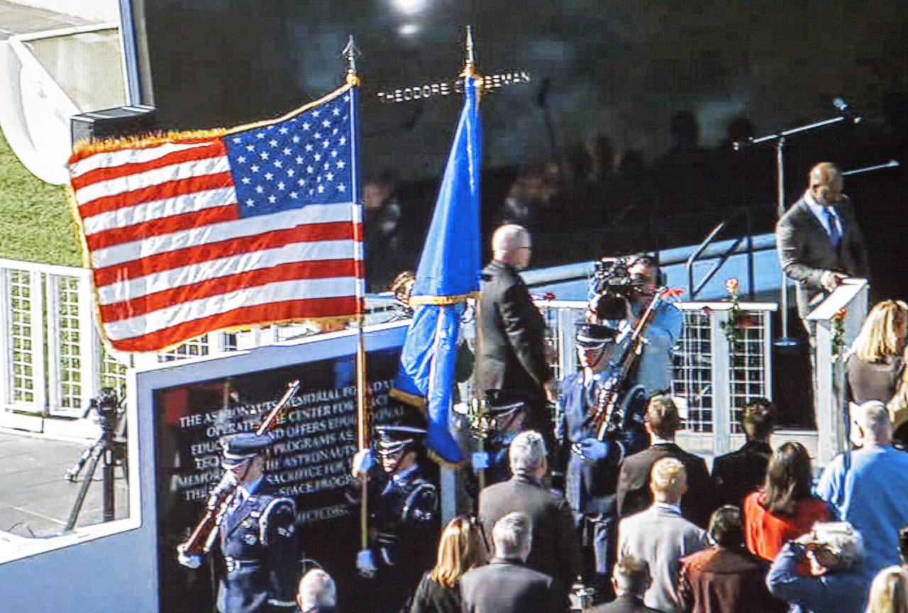 CAPE CANAVERAL, Fla. -- The Patrick Air Force Base honor guard participates in the Day of Remembrance ceremony at the Kennedy Space Center Visitor Complex. Space center employees and guests gathered at the Space Mirror Memorial at the spaceport's visitor complex for the annual event which took place on the 10th anniversary of the loss of the space shuttle Columbia and its crew.   The ceremony also honored the astronauts of Apollo 1 and the shuttle Challenger. Dedicated in 1991, the names of fallen astronauts are emblazoned the Space Mirror Memorial's 4.5-foot-high-by-50-foot-wide polished black granite surface which reflects the sky and has been designated by Congress as a National Memorial. Image credit: NASA Television