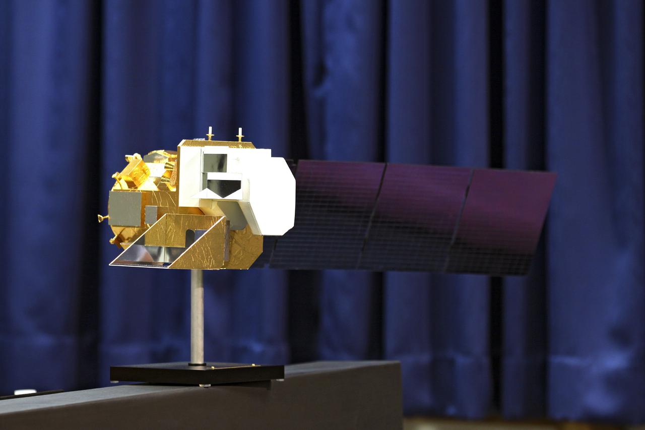 VANDENBERG AFB, Calif. -- A scale model of NASA's Landsat Data Continuity Mission, or LDCM, satellite was displayed at a prelaunch news conference at Vandenberg Air Force Base in California.    The Landsat Data Continuity Mission LDCM is the future of Landsat satellites. It will continue to obtain valuable data and imagery to be used in agriculture, education, business, science, and government. The Landsat Program provides repetitive acquisition of high resolution multispectral data of the Earth's surface on a global basis. The data from the Landsat spacecraft constitute the longest record of the Earth's continental surfaces as seen from space. It is a record unmatched in quality, detail, coverage, and value. Liftoff is planned for Feb. 11, 2013 aboard a United Launch Alliance Atlas V rocket. For more information, visit: http:__www.nasa.gov_mission_pages_landsat_main_index.html Photo credit: NASA_Kim Shiflett