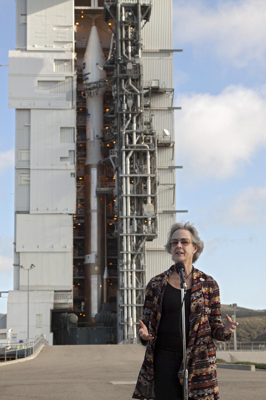 VANDENBERG AFB, Calif. -- At Space Launch Complex 3E at Vandenberg Air Force Base, Anne Castle, assistant secretary for Water and Science, U.S. Department of the Interior, discuss the Landsat Data Continuity Mission, or LDCM, satellite mission with NASA social media followers.   The Landsat Data Continuity Mission LDCM is the future of Landsat satellites. It will continue to obtain valuable data and imagery to be used in agriculture, education, business, science, and government. The Landsat Program provides repetitive acquisition of high resolution multispectral data of the Earth's surface on a global basis. The data from the Landsat spacecraft constitute the longest record of the Earth's continental surfaces as seen from space. It is a record unmatched in quality, detail, coverage, and value. Liftoff is planned for Feb. 11, 2013 aboard a United Launch Alliance Atlas V rocket. For more information, visit: http:__www.nasa.gov_mission_pages_landsat_main_index.html Photo credit: NASA_Kim Shiflett