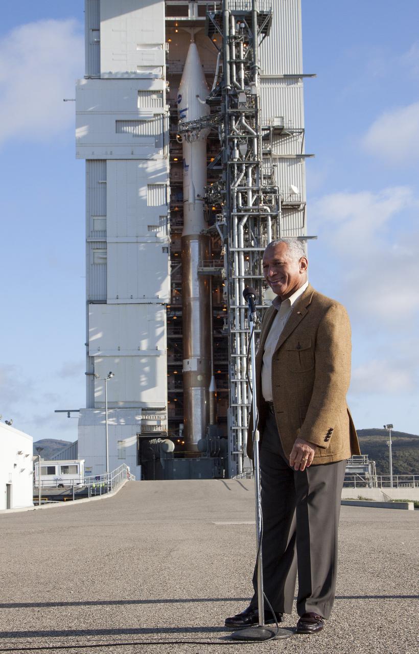 VANDENBERG AFB, Calif. -- At Space Launch Complex 3E at Vandenberg Air Force Base, NASA Administrator Charles Bolden discusses the Landsat Data Continuity Mission, or LDCM, satellite mission with NASA social media followers.   The Landsat Data Continuity Mission LDCM is the future of Landsat satellites. It will continue to obtain valuable data and imagery to be used in agriculture, education, business, science, and government. The Landsat Program provides repetitive acquisition of high resolution multispectral data of the Earth's surface on a global basis. The data from the Landsat spacecraft constitute the longest record of the Earth's continental surfaces as seen from space. It is a record unmatched in quality, detail, coverage, and value. Liftoff is planned for Feb. 11, 2013 aboard a United Launch Alliance Atlas V rocket. For more information, visit: http:__www.nasa.gov_mission_pages_landsat_main_index.html Photo credit: NASA_Kim Shiflett