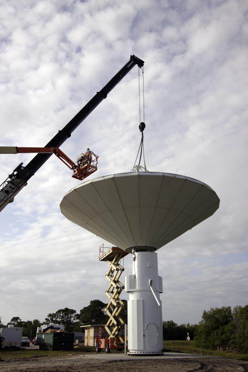 CAPE CANAVERAL, Fla. – At NASA’s Kennedy Space Center in Florida, 40-foot-diameter dish antenna arrays are being constructed as part of the Antenna Test Bed Array for the Ka-Band Objects Observation and Monitoring, or Ka-BOOM system. The antennas will be part of the operations command center facility. The construction site is near the former Vertical Processing Facility, which has been demolished. The Ka-BOOM project is one of the final steps in developing the techniques to build a high power, high resolution radar system capable of becoming a Near Earth Object Early Warning System. While also capable of space communication and radio science experiments, developing radar applications is the primary focus of the arrays. Photo credit: NASA_Jim Grossmann