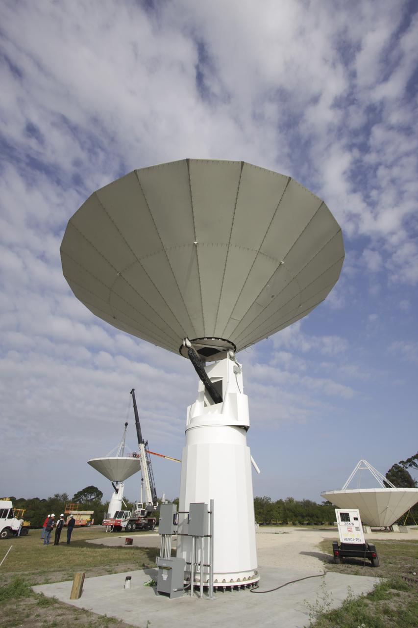 CAPE CANAVERAL, Fla. – At NASA’s Kennedy Space Center in Florida, 40-foot-diameter dish antenna arrays are being constructed as part of the Antenna Test Bed Array for the Ka-Band Objects Observation and Monitoring, or Ka-BOOM system. The antennas will be part of the operations command center facility. The construction site is near the former Vertical Processing Facility, which has been demolished. The Ka-BOOM project is one of the final steps in developing the techniques to build a high power, high resolution radar system capable of becoming a Near Earth Object Early Warning System. While also capable of space communication and radio science experiments, developing radar applications is the primary focus of the arrays. Photo credit: NASA_Jim Grossmann