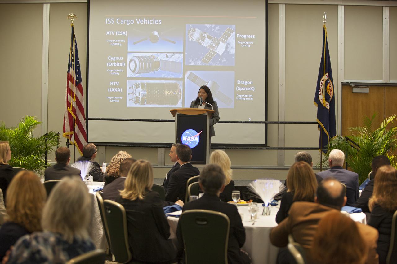 CAPE CANAVERAL, Fla. -- Josie Burnett, director of International Space Station Processing and Ground Research Project Office at the Kennedy Space Center, provided an on current and future activities at the Florida spaceport during the annual Community Leaders Briefing. The reports were part of the annual Community Leaders Briefing at the Kurt H. Debus Conference Center at the Kennedy Space Center Visitor Complex attended by local, state and U.S. government representatives, along with individuals from business and industry. Photo credit: NASA_Dimitri Gerondidakis