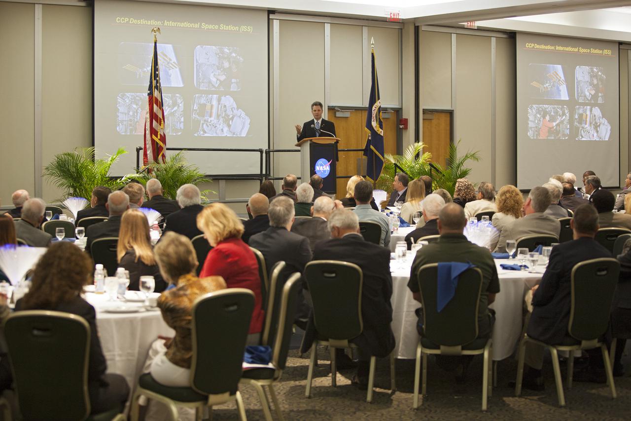 CAPE CANAVERAL, Fla. -- Scott Thurston, manager of the Commercial Crew Program’s Partner Integration Office at the Kennedy Space Center provided an on current and future activities at the Florida spaceport during the annual Community Leaders Briefing. The reports were part of the annual Community Leaders Briefing at the Kurt H. Debus Conference Center at the Kennedy Space Center Visitor Complex attended by local, state and U.S. government representatives, along with individuals from business and industry. Photo credit: NASA_Dimitri Gerondidakis
