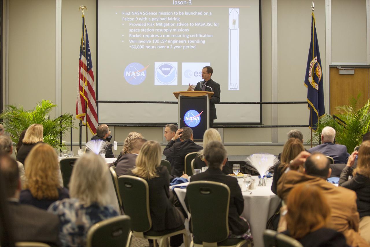 CAPE CANAVERAL, Fla. -- Darren Bedell, System Integration manager in the Launch Services Program Office at the Kennedy Space Center provided an on current and future activities at the Florida spaceport during the annual Community Leaders Briefing. The reports were part of the annual Community Leaders Briefing at the Kurt H. Debus Conference Center at the Kennedy Space Center Visitor Complex attended by local, state and U.S. government representatives, along with individuals from business and industry. Photo credit: NASA_Dimitri Gerondidakis