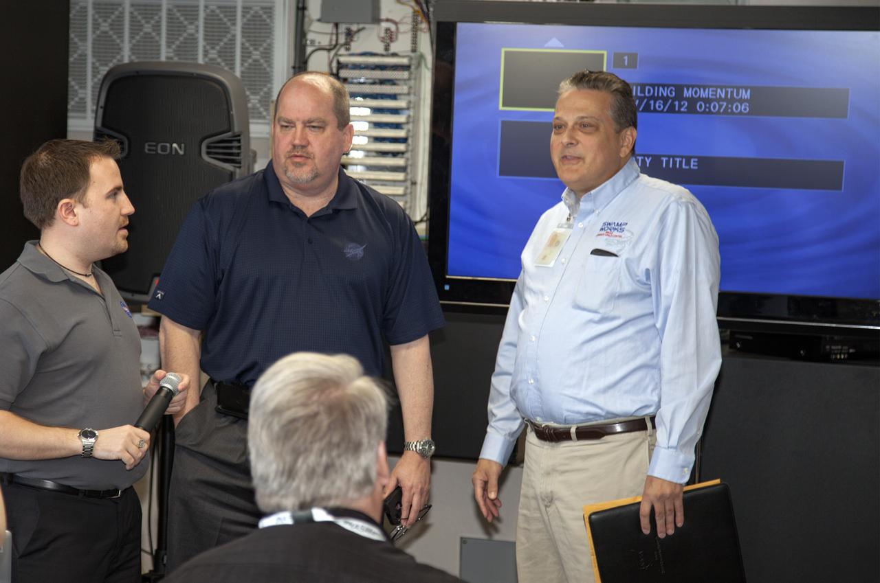 CAPE CANAVERAL, Fla. - At NASA Kennedy Space Center’s Press Site annex building in Florida, social media followers listen to NASA Social media coordinator Jason Townsend, far left, Bob Jacobs, NASA Deputy Associate Administrator for Communications, and Jack Fox, chief of the Surface Systems Office in Kennedy’s Engineering and Technology Directorate, describe the SpaceX 2 Commercial Resupply Mission to the International Space Station.  Liftoff of the SpaceX Falcon 9 rocket and Dragon spacecraft is planned for March 1, 2013, at 10:10 a.m. EST, from Space Launch Complex-40 at Cape Canaveral Air Force Station, Fla. Dragon will be making its third trip to the space station. It will carry supplies and experiments to the orbiting laboratory. The mission is the second of 12 SpaceX flights contracted by NASA to resupply the space station. For more information, visit http:__www.nasa.gov_mission_pages_station_structure_launch_spacex2-feature.html Photo credit: NASA_Frankie Martin