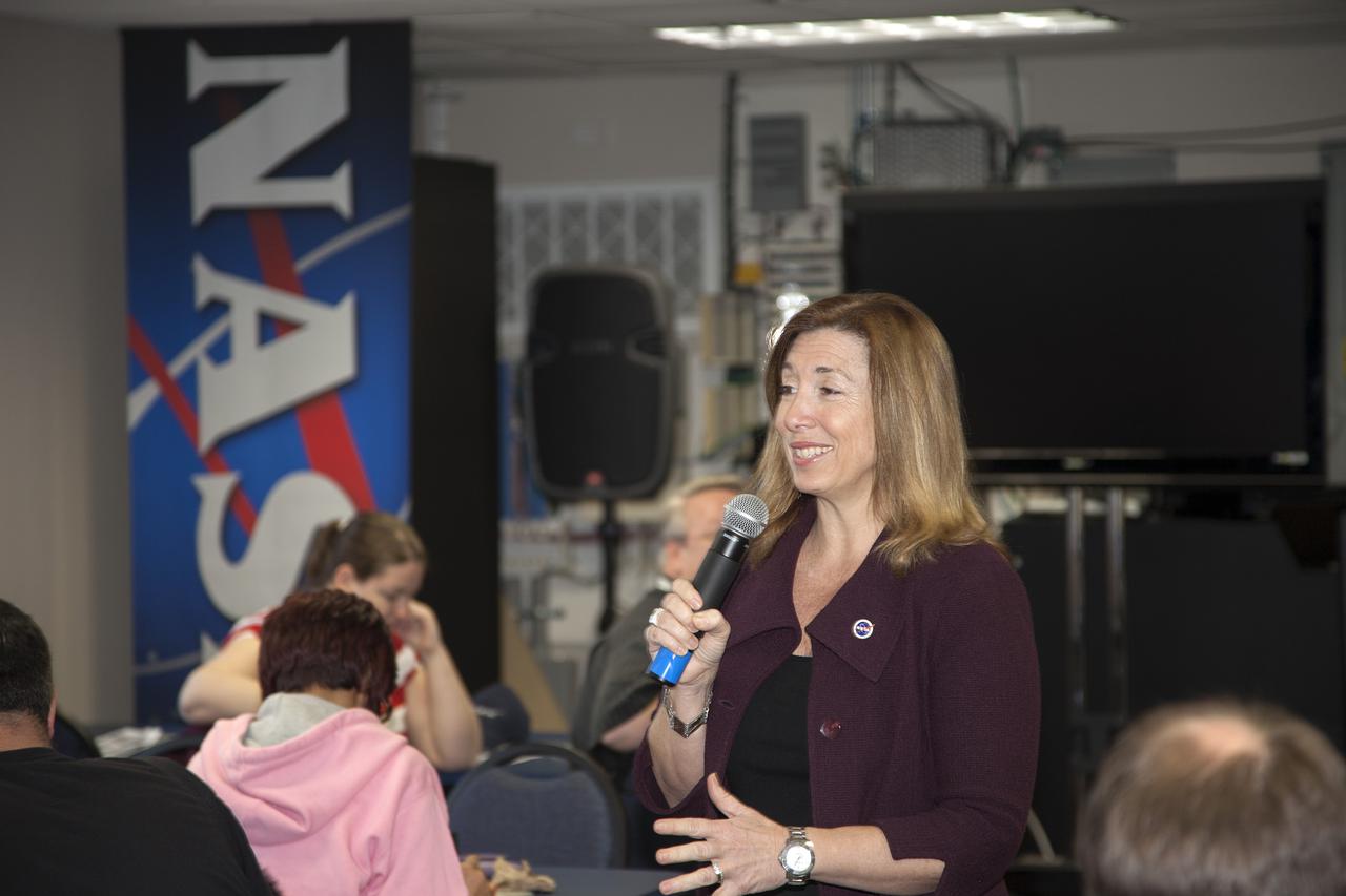 CAPE CANAVERAL, Fla. -- NASA Deputy Administrator Lori Garver speaks to some of the agency's social media followers during two days of presentations on the launch of SpaceX 2.  The social media participants gathered at the Florida spaceport on Feb. 28 and March 1, to hear from key leaders who updated the space agency's current efforts. Photo credit: NASA_Lorne Mathre
