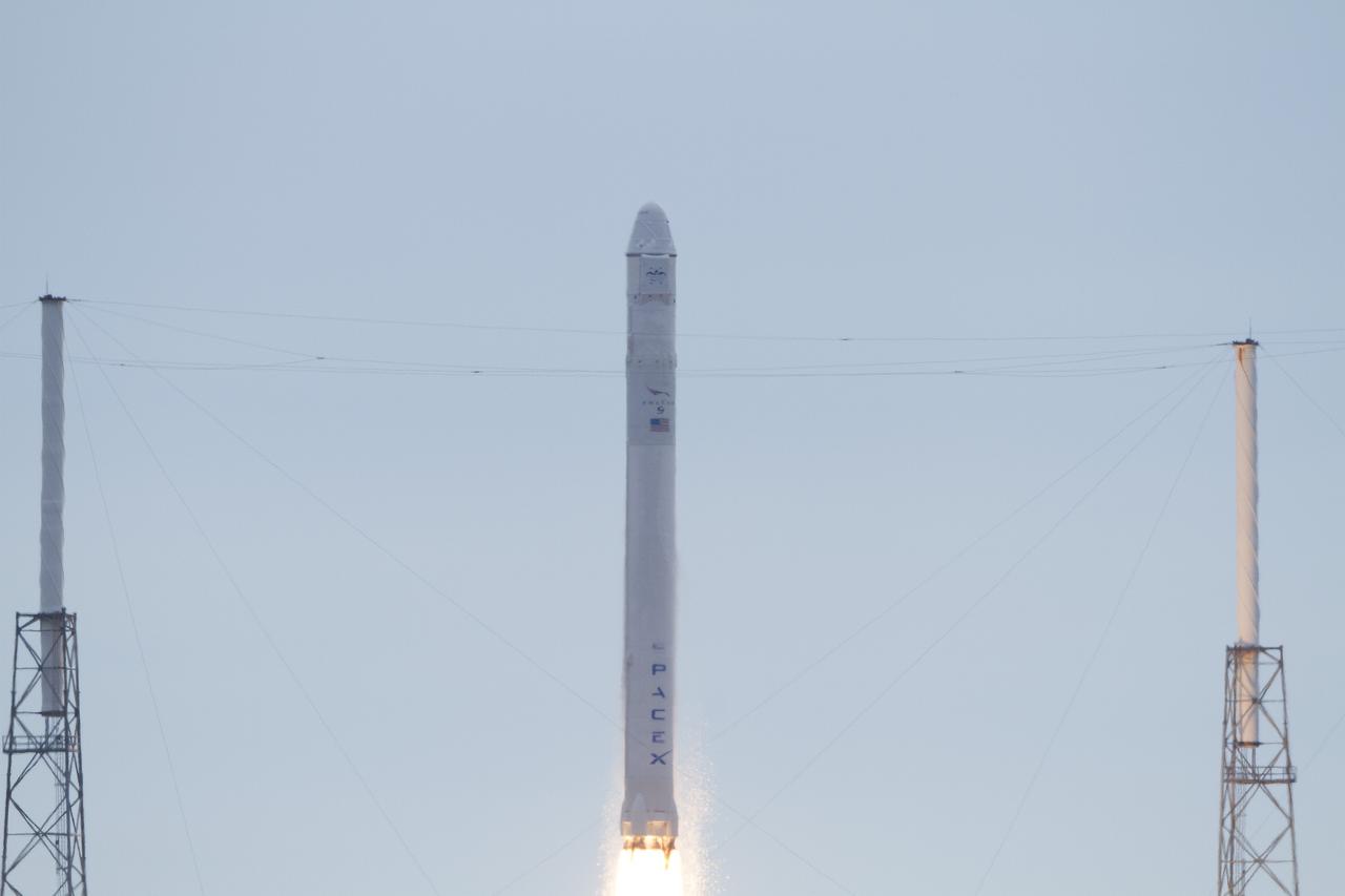 CAPE CANAVERAL, Fla. -- A Space Exploration Technologies, or SpaceX, Falcon 9 rocket lifts off Space Launch Complex 40 on Cape Canaveral Air Force Station in Florida at 10:10 a.m. EST, carrying a Dragon capsule filled with cargo. The SpaceX Dragon capsule is making its third trip to the International Space Station, following a demonstration flight in May 2012 and the first resupply mission in October 2012. The SpaceX-2 mission is the second of 12 SpaceX flights contracted by NASA to resupply the orbiting laboratory. For more information, visit http:__www.nasa.gov_mission_pages_station_structure_launch_spacex2-feature.html Photo credit: NASA_George Roberts