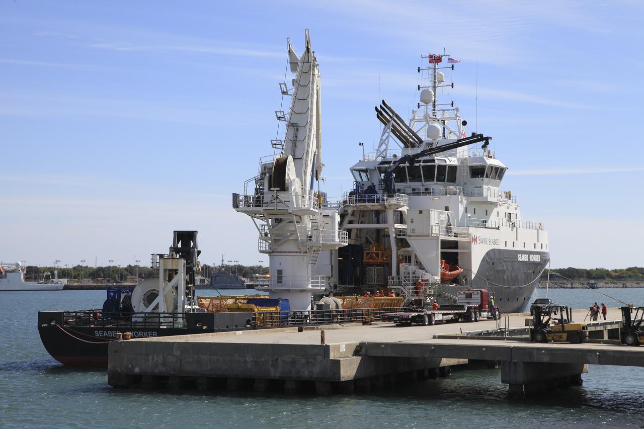 CAPE CANAVERAL, Fla. – Components for two of the F-1 engines that powered the first stage of the Saturn V rockets that lifted NASA's Apollo missions to the moon were recovered from the Atlantic Ocean March 21 by Jeff Bezos, the founder and Chief Executive Officer of the aerospace company Blue Origin and Amazon.com and arrived at Port Canaveral March 22. The engines will be restored by Bezos' team for public display. The engines were found some 14,000 feet underwater where they came to rest more than 40 years ago after sending astronauts into space on missions to the moon. Restoration may reveal exactly which engines were recovered, but Bezos said in a statement that the serial numbers were not immediately visible. Photo credit: NASA_Kim Shiflett