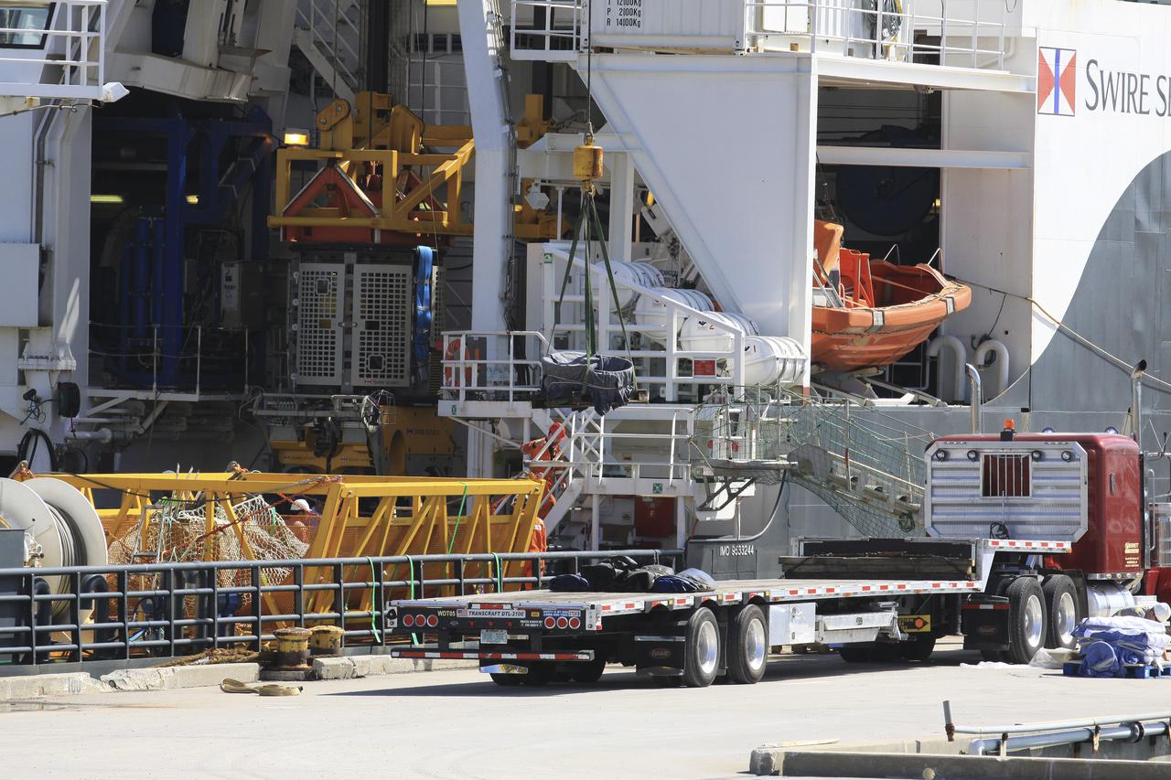 CAPE CANAVERAL, Fla. – Components for two of the F-1 engines that powered the first stage of the Saturn V rockets that lifted NASA's Apollo missions to the moon were recovered from the Atlantic Ocean March 21 by Jeff Bezos, the founder and Chief Executive Officer of the aerospace company Blue Origin and Amazon.com and arrived at Port Canaveral March 22. The engines will be restored by Bezos' team for public display. The engines were found some 14,000 feet underwater where they came to rest more than 40 years ago after sending astronauts into space on missions to the moon. Restoration may reveal exactly which engines were recovered, but Bezos said in a statement that the serial numbers were not immediately visible. Photo credit: NASA_Kim Shiflett