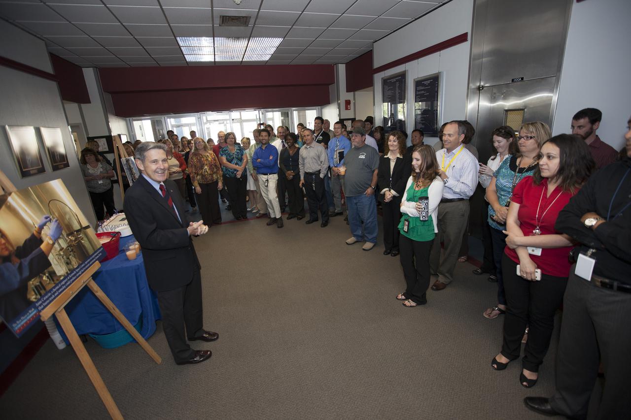 CAPE CANAVERAL, Fla. -- Kennedy Space Center Director Bob Cabana meets with employees during the unveiling of NASA’s “Best Places to Work in the Federal Government” plaque inside the lobby at Headquarters. The agency ranked No. 1 in the “large” category, those which have more than 15,000 employees. The annual rankings are produced by the Partnership for Public Service and Deloitte, and measure how federal employees view their jobs and workplaces. Photo credit: NASA_Kim Shiflett