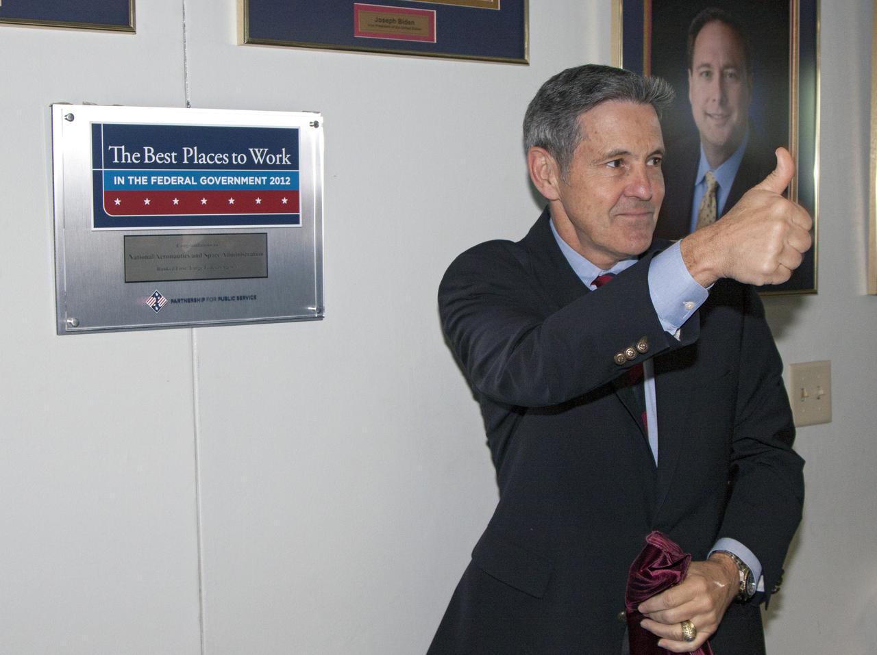 CAPE CANAVERAL, Fla. -- Kennedy Space Center Director Bob Cabana shares his optimism during the unveiling of NASA’s “Best Places to Work in the Federal Government” plaque. The agency ranked No. 1 in the “large” category, those which have more than 15,000 employees. The annual rankings are produced by the Partnership for Public Service and Deloitte, and measure how federal employees view their jobs and workplaces. Photo credit: NASA_Kim Shiflett