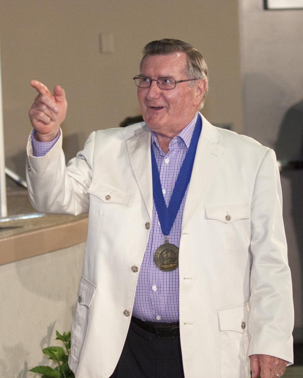 CAPE CANAVERAL, Fla. – U.S. Astronaut Hall of Fame member Richard Gordon is introduced at NASA’s Kennedy Space Center Visitor Complex in Florida, prior to the ceremony in which Bonnie Dunbar, Curt Brown and Eileen Collins will be inducted into the group of space pioneers.   This induction is the twelfth group of space shuttle astronauts named to the AHOF, and the first time two women are inducted at the same time. The year’s inductees were selected by a committee of current Hall of Fame astronauts, former NASA officials, historians and journalists. The selection process is administered by the Astronaut Scholarship Foundation. For more on the U.S. Astronaut Hall of Fame, go to http:__www.kennedyspacecenter.com_astronaut-hall-of-fame.aspx For more on the Astronaut Scholarship Foundation, go to http:__astronautscholarship.org_ Photo credit: NASA_ Kim Shiflett