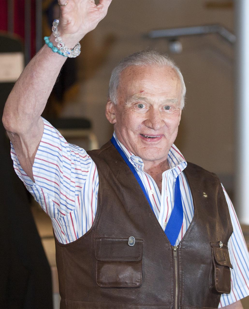 CAPE CANAVERAL, Fla. – U.S. Astronaut Hall of Fame member Buzz Aldrin is introduced at NASA’s Kennedy Space Center Visitor Complex in Florida, prior to the ceremony in which Bonnie Dunbar, Curt Brown and Eileen Collins will be inducted into the group of space pioneers.   This induction is the twelfth group of space shuttle astronauts named to the AHOF, and the first time two women are inducted at the same time. The year’s inductees were selected by a committee of current Hall of Fame astronauts, former NASA officials, historians and journalists. The selection process is administered by the Astronaut Scholarship Foundation. For more on the U.S. Astronaut Hall of Fame, go to http:__www.kennedyspacecenter.com_astronaut-hall-of-fame.aspx For more on the Astronaut Scholarship Foundation, go to http:__astronautscholarship.org_ Photo credit: NASA_ Kim Shiflett
