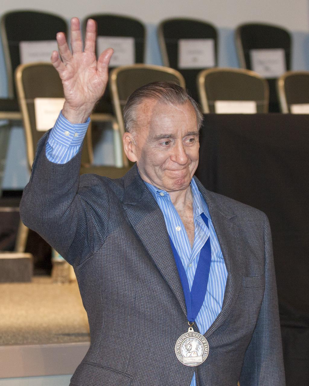 CAPE CANAVERAL, Fla. – U.S. Astronaut Hall of Fame member Walt Cunningham is introduced at NASA’s Kennedy Space Center Visitor Complex in Florida, prior to the ceremony in which Bonnie Dunbar, Curt Brown and Eileen Collins will be inducted into the group of space pioneers. This induction is the twelfth group of space shuttle astronauts named to the AHOF, and the first time two women are inducted at the same time. The year’s inductees were selected by a committee of current Hall of Fame astronauts, former NASA officials, historians and journalists. The selection process is administered by the Astronaut Scholarship Foundation. For more on the U.S. Astronaut Hall of Fame, go to http:__www.kennedyspacecenter.com_astronaut-hall-of-fame.aspx For more on the Astronaut Scholarship Foundation, go to http:__astronautscholarship.org_ Photo credit: NASA_ Kim Shiflett