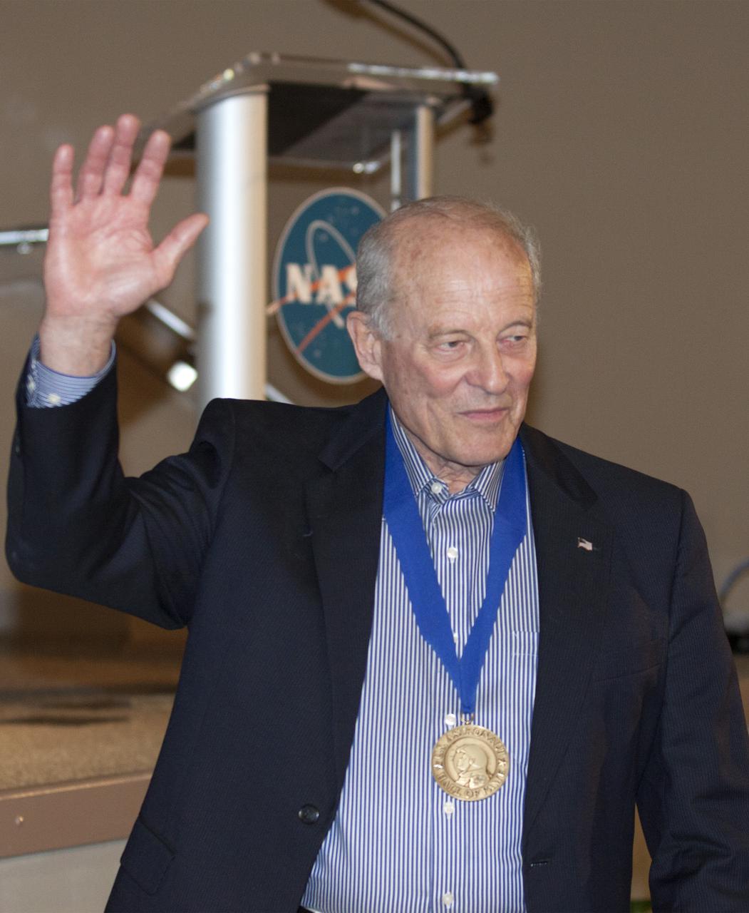 CAPE CANAVERAL, Fla. – U.S. Astronaut Hall of Fame member Jack Lousma is introduced at NASA’s Kennedy Space Center Visitor Complex in Florida, prior to the ceremony in which Bonnie Dunbar, Curt Brown and Eileen Collins will be inducted into the group of space pioneers. This induction is the twelfth group of space shuttle astronauts named to the AHOF, and the first time two women are inducted at the same time. The year’s inductees were selected by a committee of current Hall of Fame astronauts, former NASA officials, historians and journalists. The selection process is administered by the Astronaut Scholarship Foundation. For more on the U.S. Astronaut Hall of Fame, go to http:__www.kennedyspacecenter.com_astronaut-hall-of-fame.aspx For more on the Astronaut Scholarship Foundation, go to http:__astronautscholarship.org_ Photo credit: NASA_ Kim Shiflett