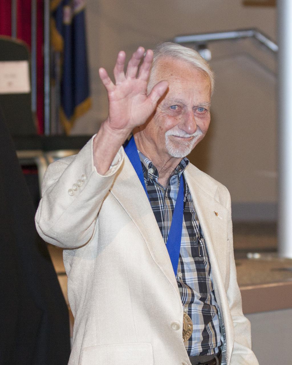 CAPE CANAVERAL, Fla. – U.S. Astronaut Hall of Fame member Owen Garriott is introduced at NASA’s Kennedy Space Center Visitor Complex in Florida, prior to the ceremony in which Bonnie Dunbar, Curt Brown and Eileen Collins will be inducted into the group of space pioneers. This induction is the twelfth group of space shuttle astronauts named to the AHOF, and the first time two women are inducted at the same time. The year’s inductees were selected by a committee of current Hall of Fame astronauts, former NASA officials, historians and journalists. The selection process is administered by the Astronaut Scholarship Foundation. For more on the U.S. Astronaut Hall of Fame, go to http:__www.kennedyspacecenter.com_astronaut-hall-of-fame.aspx For more on the Astronaut Scholarship Foundation, go to http:__astronautscholarship.org_ Photo credit: NASA_ Kim Shiflett
