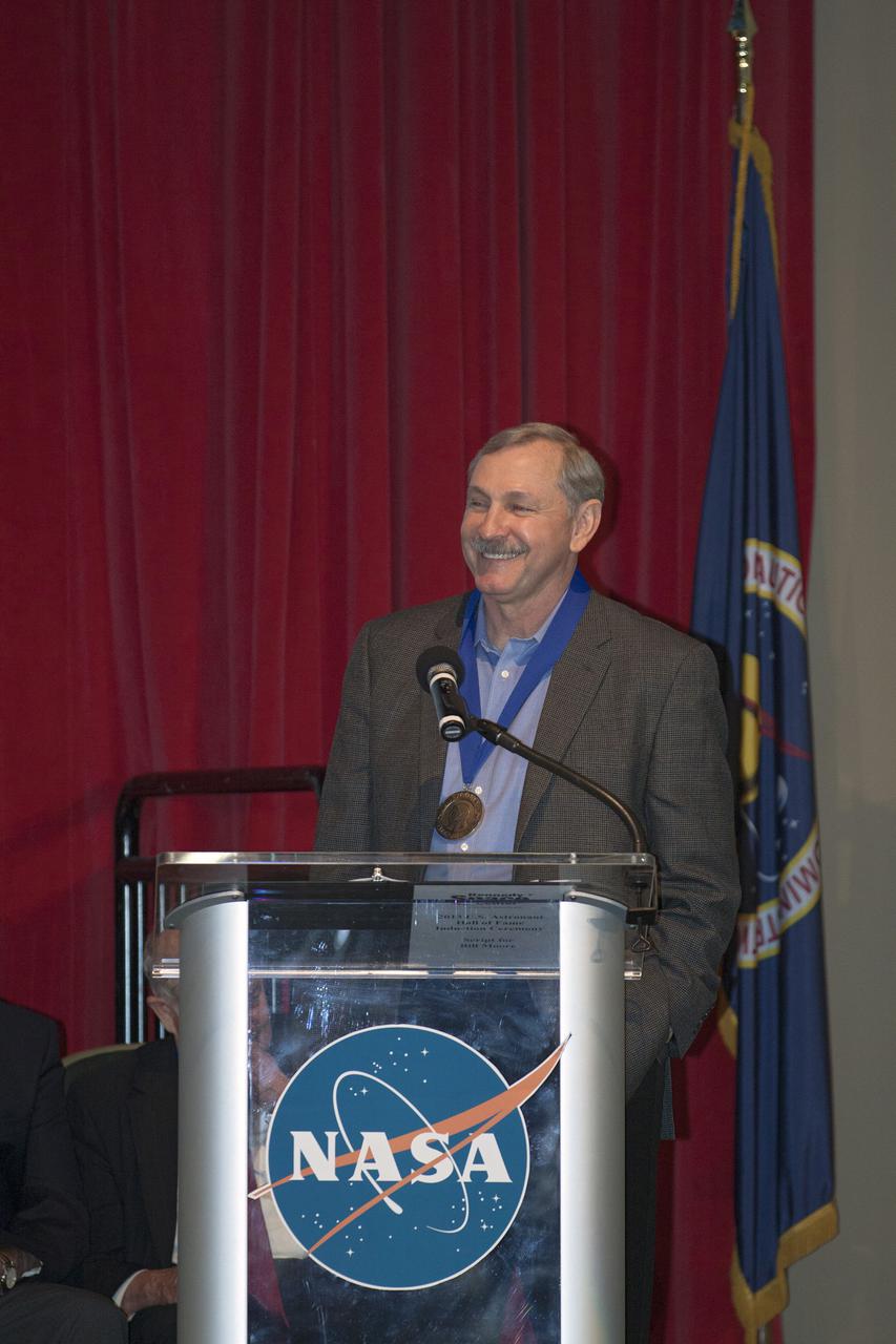 CAPE CANAVERAL, Fla. – At NASA’s Kennedy Space Center Visitor Complex in Florida, shuttle astronaut Curt Brown speaks after being inducted into the U.S. Astronaut Hall of Fame AHOF. Brown, a veteran of six spaceflights, began his career with NASA in 1987 as a pilot and has logged more than 1,383 hours in space. Brown’s missions aboard the space shuttle include STS-47, STS-66, STS-77, STS-85, STS-95 and STS-103. Shuttle astronauts Eileen Collins and Bonnie Dunbar also were inducted into the AHOF. This induction is the twelfth group of space shuttle astronauts named to the AHOF, and the first time two women are inducted at the same time. The year’s inductees were selected by a committee of current Hall of Fame astronauts, former NASA officials, historians and journalists. The selection process is administered by the Astronaut Scholarship Foundation. For more on the U.S. Astronaut Hall of Fame, go to http:__www.kennedyspacecenter.com_astronaut-hall-of-fame.aspx For more on the Astronaut Scholarship Foundation, go to http:__astronautscholarship.org_ Photo credit: NASA_ Kim Shiflett