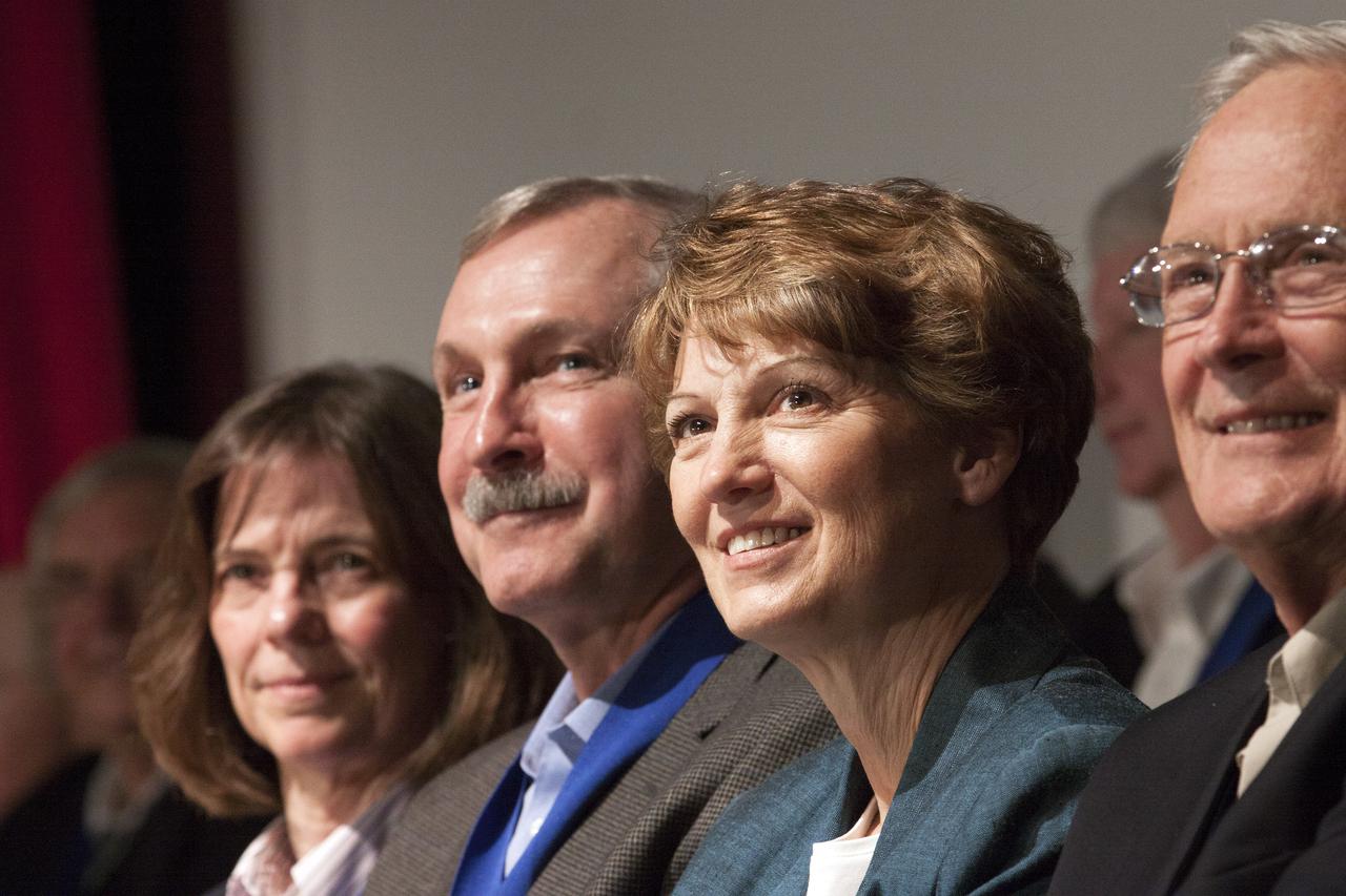 CAPE CANAVERAL, Fla. – At NASA’s Kennedy Space Center Visitor Complex in Florida, shuttle astronauts, from the left, Bonnie Dunbar, Curt Brown and Eileen Collins listen as Collins is being introduced for induction into the U.S. Astronaut Hall of Fame AHOF. She commanded STS-114 on the Return to Flight mission following the loss of the space shuttle Columbia. Collins’ career with NASA is full of accomplishments, including becoming the first woman space shuttle pilot and the first woman commander. As a four-time spaceflight veteran, Collins logged more than 872 hours in space, and her missions include STS-63, STS-84, STS-93 and STS-114. Shuttle astronauts Curt Brown and Bonnie Dunbar also were inducted into the AHOF.   This induction is the twelfth group of space shuttle astronauts named to the AHOF, and the first time two women are inducted at the same time. The year’s inductees were selected by a committee of current Hall of Fame astronauts, former NASA officials, historians and journalists. The selection process is administered by the Astronaut Scholarship Foundation. For more on the U.S. Astronaut Hall of Fame, go to http:__www.kennedyspacecenter.com_astronaut-hall-of-fame.aspx For more on the Astronaut Scholarship Foundation, go to http:__astronautscholarship.org_ Photo credit: NASA_ Kim Shiflett