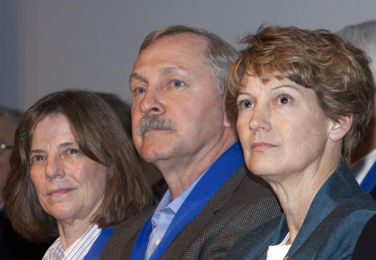 CAPE CANAVERAL, Fla. – At NASA’s Kennedy Space Center Visitor Complex in Florida, shuttle astronauts, from the left, Bonnie Dunbar, Curt Brown and Eileen Collins listen as Collins is being introduced for induction into the U.S. Astronaut Hall of Fame AHOF. She commanded STS-114 on the Return to Flight mission following the loss of the space shuttle Columbia. Collins’ career with NASA is full of accomplishments, including becoming the first woman space shuttle pilot and the first woman commander. As a four-time spaceflight veteran, Collins logged more than 872 hours in space, and her missions include STS-63, STS-84, STS-93 and STS-114. Shuttle astronauts Curt Brown and Bonnie Dunbar also were inducted into the AHOF.   This induction is the twelfth group of space shuttle astronauts named to the AHOF, and the first time two women are inducted at the same time. The year’s inductees were selected by a committee of current Hall of Fame astronauts, former NASA officials, historians and journalists. The selection process is administered by the Astronaut Scholarship Foundation. For more on the U.S. Astronaut Hall of Fame, go to http:__www.kennedyspacecenter.com_astronaut-hall-of-fame.aspx For more on the Astronaut Scholarship Foundation, go to http:__astronautscholarship.org_ Photo credit: NASA_ Kim Shiflett