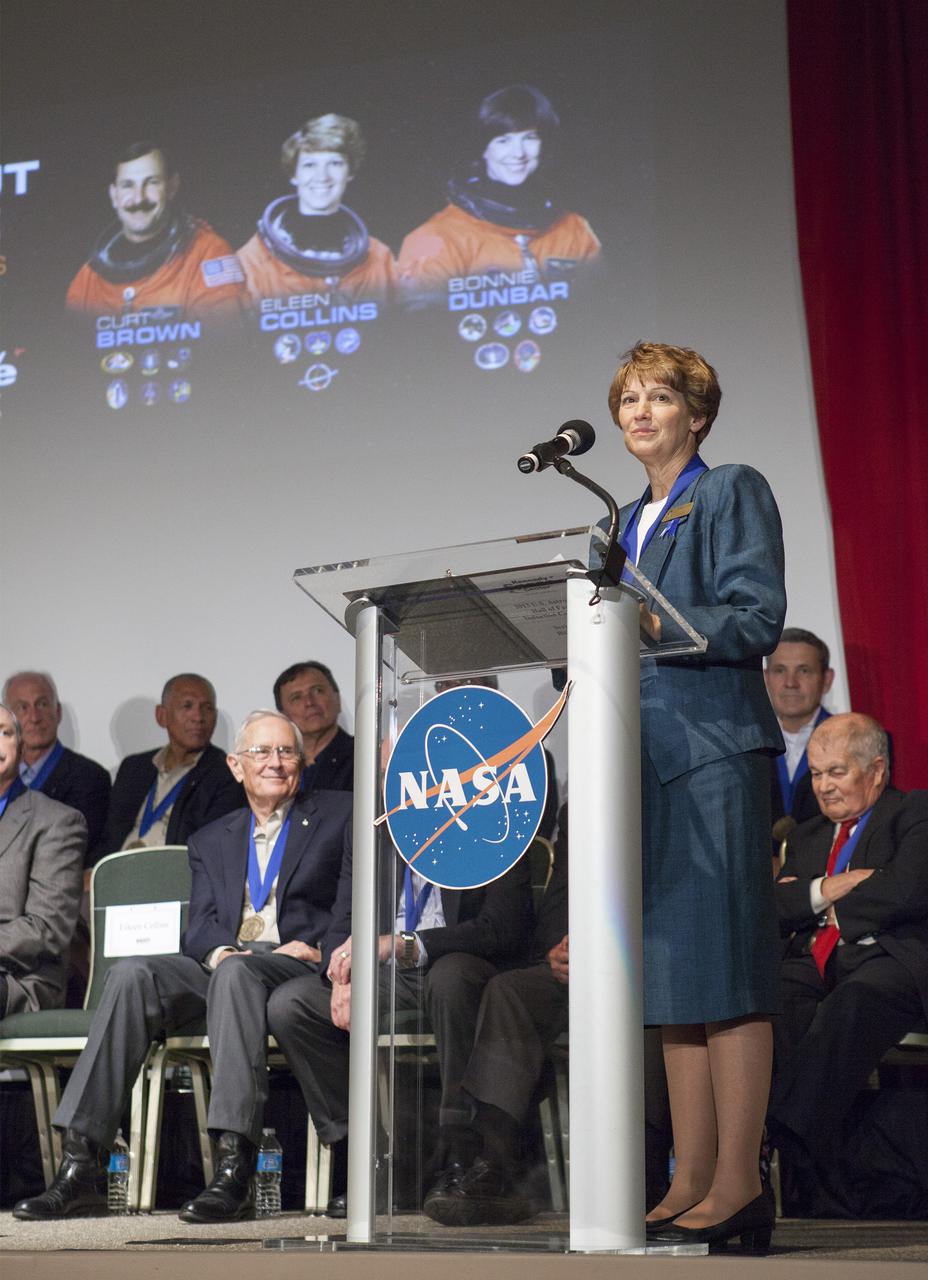 CAPE CANAVERAL, Fla. – At NASA’s Kennedy Space Center Visitor Complex in Florida, shuttle astronaut Eileen Collins speaks after being inducted into the U.S. Astronaut Hall of Fame AHOF. Revered for commanding STS-114 on the Return to Flight mission following the loss of the space shuttle Columbia, Collins’ career with NASA is full of accomplishments, including becoming the first woman space shuttle pilot and the first woman commander. As a four-time spaceflight veteran, Collins logged more than 872 hours in space, and her missions include STS-63, STS-84, STS-93 and STS-114. Shuttle astronauts Curt Brown and Bonnie Dunbar also were inducted into the AHOF.   This induction is the twelfth group of space shuttle astronauts named to the AHOF, and the first time two women are inducted at the same time. The year’s inductees were selected by a committee of current Hall of Fame astronauts, former NASA officials, historians and journalists. The selection process is administered by the Astronaut Scholarship Foundation. For more on the U.S. Astronaut Hall of Fame, go to http:__www.kennedyspacecenter.com_astronaut-hall-of-fame.aspx For more on the Astronaut Scholarship Foundation, go to http:__astronautscholarship.org_ Photo credit: NASA_ Kim Shiflett
