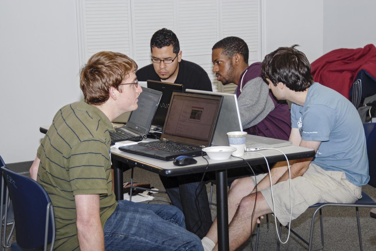 CAPE CANAVERAL, Fla. – Students from the University of Florida, University of Central Florida and the University of Puerto Rico brainstorm ideas during the 2013 International Space Apps Challenge, or ISAC, at The Astronaut Memorial Foundation’s Center for Space Education in Florida. During the worldwide two-day challenge, more than 9,000 people and 484 organizations came together in 83 cities across 44 countries, as well as online, to develop new ways of solving challenges that NASA faces. At Kennedy, four teams brainstormed ideas with subject matter experts and others and worked nearly 32 hours straight to present their concepts to a panel of three technical and non-technical judges. Challenges tackled at Kennedy were: Deployable Greenhouse, Kennedy Space Center 2040, Seven Minutes of Science, and Moonville – Lunar Industry Game. Photo credit: NASA_Charisse Nahser
