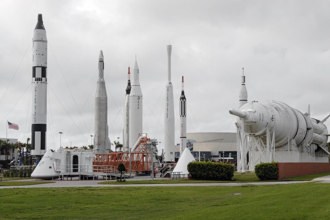 CAPE CANAVERAL, Fla. – The Rocket Garden at the Kennedy Space Center Visitor Complex in Florida, features real and mock-up rockets from NASA’s Mercury, Gemini and Apollo programs, as well as others from uncrewed missions. The large rocket positioned horizontally at far right is an Apollo Saturn 1B, while the rocket standing at far left is a Gemini Titan launch vehicle. The visitor complex is managed for NASA by Delaware North Companies Parks and Resorts. The complex features interactive displays, astronaut encounters, IMAX movies and attractions that help to tell the story of U.S. space exploration. It is home to the recently-opened Angry Birds Space attraction and the Space Shuttle Atlantis exhibit that will open to the general public this summer.  Photo credit: NASA_Charisse Nahser