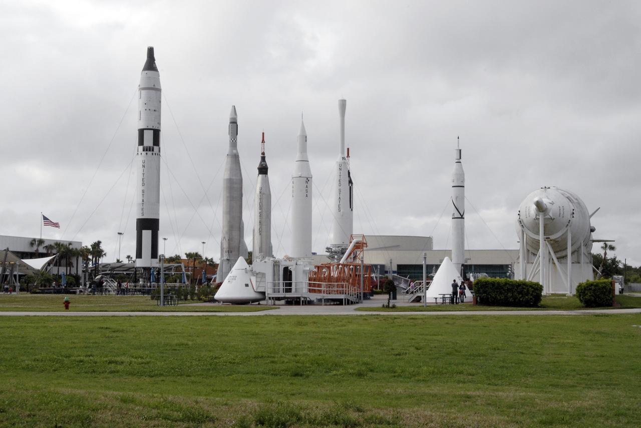 CAPE CANAVERAL, Fla. – The Rocket Garden at the Kennedy Space Center Visitor Complex in Florida, features real and mock-up rockets from NASA’s Mercury, Gemini and Apollo programs, as well as others from uncrewed missions. The large rocket positioned horizontally at far right is an Apollo Saturn 1B, while the rocket standing at far left is a Gemini Titan launch vehicle. The visitor complex is managed for NASA by Delaware North Companies Parks and Resorts. The complex features interactive displays, astronaut encounters, IMAX movies and attractions that help to tell the story of U.S. space exploration. It is home to the recently-opened Angry Birds Space attraction and the Space Shuttle Atlantis exhibit that will open to the general public this summer.  Photo credit: NASA_Charisse Nahser