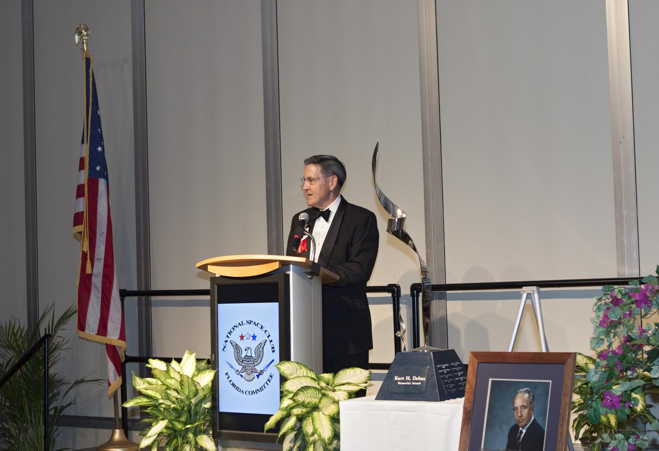 CAPE CANAVERAL, Fla. – At NASA’s Kennedy Space Center Visitor Complex in Florida, center director Bob Cabana speaks after being presented the prestigious Dr. Kurt H. Debus Award. A former U.S. Marine Corps aviator and NASA astronaut, Cabana was honored at the gala Debus Award Dinner. Named for the spaceport’s first director, the Debus Award was created to recognize significant achievements and contributions made in Florida to American aerospace efforts. The Debus Award was created by the space club's Florida committee to recognize significant achievements and contributions made in Florida to American aerospace efforts. Photo credit: NASA_Jim Grossmann