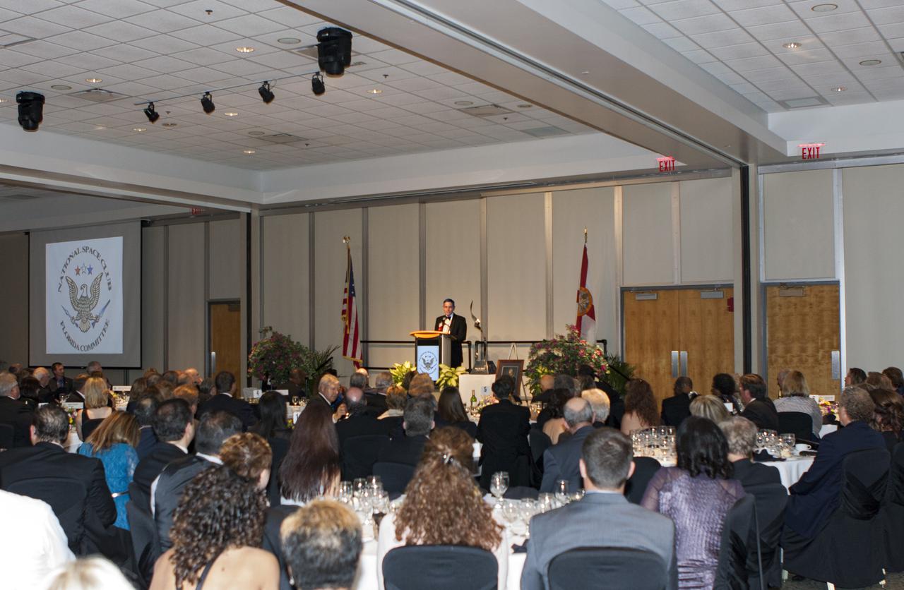 CAPE CANAVERAL, Fla. – At NASA’s Kennedy Space Center Visitor Complex in Florida, center director Bob Cabana speaks after being presented the prestigious Dr. Kurt H. Debus Award. A former U.S. Marine Corps aviator and NASA astronaut, Cabana was honored at the gala Debus Award Dinner. Named for the spaceport’s first director, the Debus Award was created to recognize significant achievements and contributions made in Florida to American aerospace efforts. The Debus Award was created by the space club's Florida committee to recognize significant achievements and contributions made in Florida to American aerospace efforts. Photo credit: NASA_Jim Grossmann