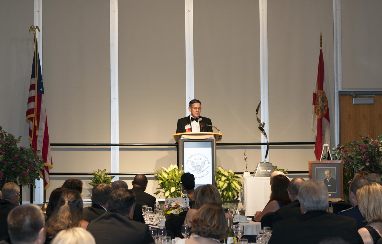 CAPE CANAVERAL, Fla. – At NASA’s Kennedy Space Center Visitor Complex in Florida, center director Bob Cabana speaks after being presented the prestigious Dr. Kurt H. Debus Award. A former U.S. Marine Corps aviator and NASA astronaut, Cabana was honored at the gala Debus Award Dinner. Named for the spaceport’s first director, the Debus Award was created to recognize significant achievements and contributions made in Florida to American aerospace efforts. The Debus Award was created by the space club's Florida committee to recognize significant achievements and contributions made in Florida to American aerospace efforts. Photo credit: NASA_Jim Grossmann