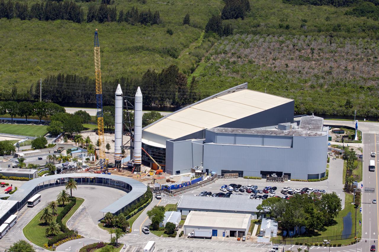 CAPE CANAVERAL, Fla. – An aerial view of the solid rocket booster replicas at the Kennedy Space Center Visitor Complex where the Space Shuttle Atlantis exhibit and attraction is under construction. Photo credit: NASA_Kim Shiflett