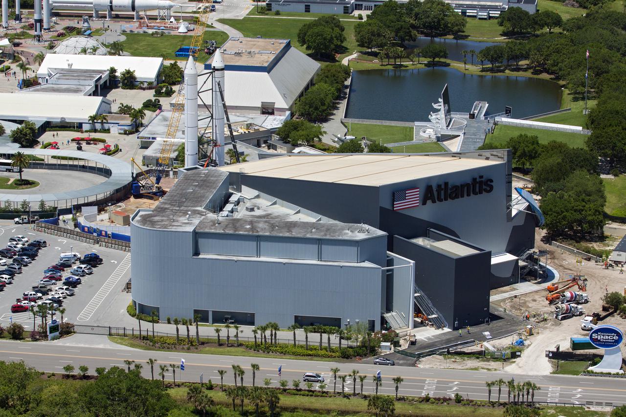 CAPE CANAVERAL, Fla. – An aerial view of the solid rocket booster replicas at the Kennedy Space Center Visitor Complex where the Space Shuttle Atlantis exhibit and attraction is under construction. Photo credit: NASA_Kim Shiflett