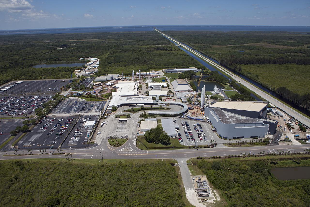CAPE CANAVERAL, Fla. – An aerial view of the solid rocket booster replicas at the Kennedy Space Center Visitor Complex where the Space Shuttle Atlantis exhibit and attraction is under construction. Photo credit: NASA_Kim Shiflett