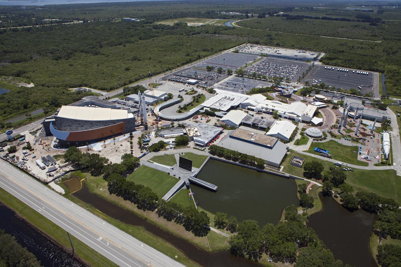 CAPE CANAVERAL, Fla. – An aerial view of the solid rocket booster replicas at the Kennedy Space Center Visitor Complex where the Space Shuttle Atlantis exhibit and attraction is under construction. Photo credit: NASA_Kim Shiflett