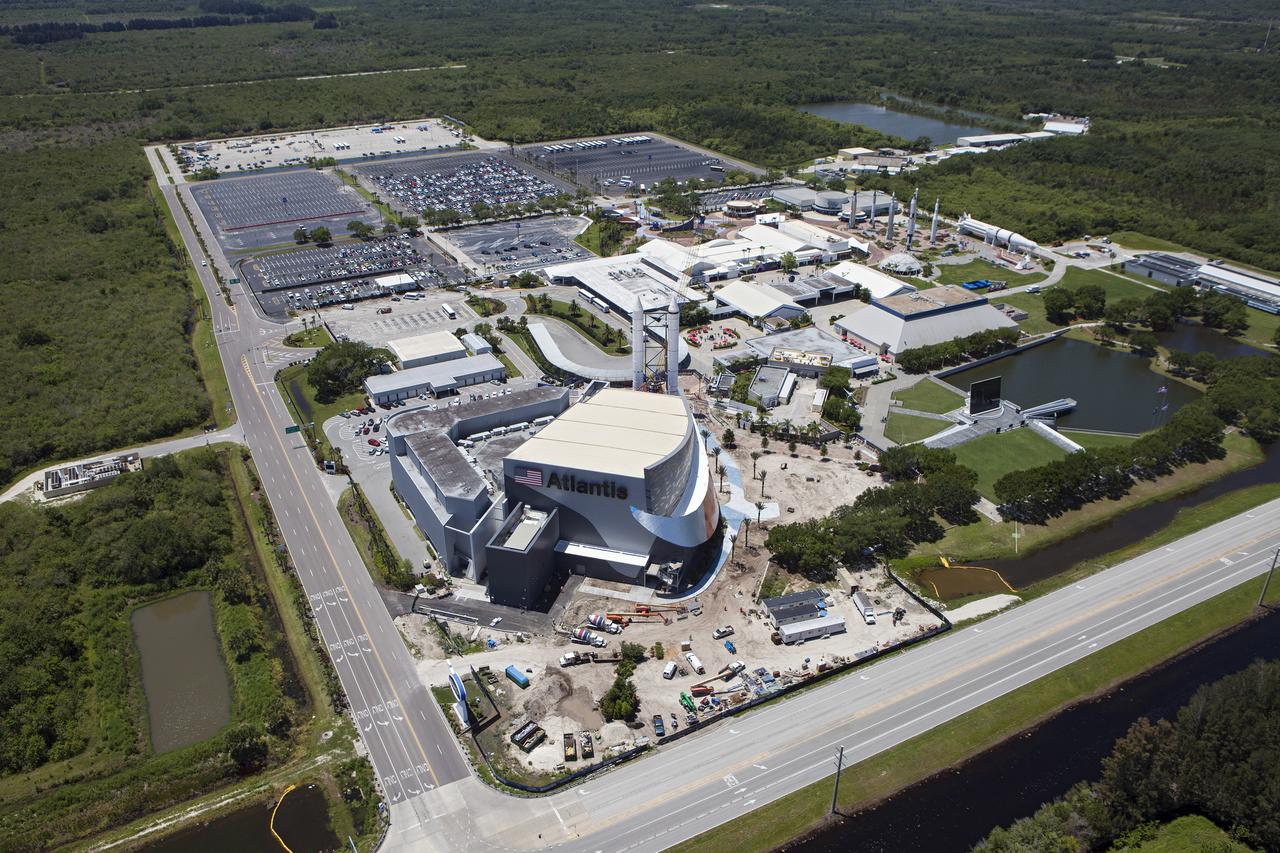 CAPE CANAVERAL, Fla. – An aerial view of the solid rocket booster replicas at the Kennedy Space Center Visitor Complex where the Space Shuttle Atlantis exhibit and attraction is under construction. Photo credit: NASA_Kim Shiflett